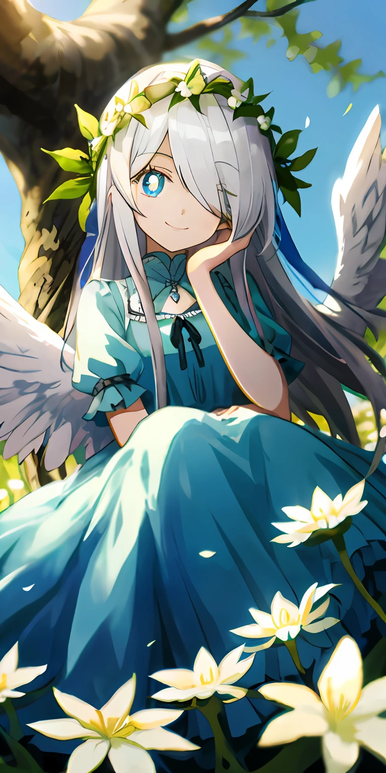 (tmasterpiece,best qualtiy),A long-haired loli with white hair sits in a tree-lined flower field,She has blue pupils,Her left hand rests under her chin,She wears a garland,Hair covers the right eye,and she smiling,warmly lit,She wore a sky blue dress,She has white wings,Blurred foreground,Eyes look into the distance,Ambiguous