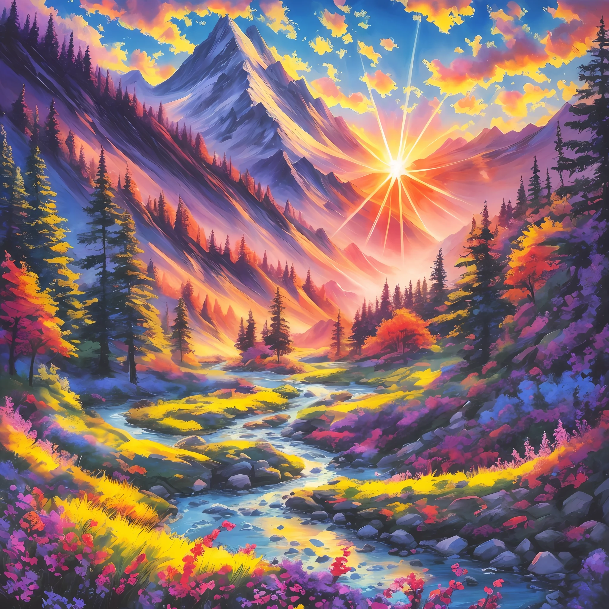 Painting of a mountain scene with a stream and a mountain in the background, Hermoso arte UHD 4 K, Pintura detallada 4 K, scenery art detailed, Pintura de paisajes coloridos, Majestuoso paisaje natural, epic beautiful landscape, Puesta de sol en un valle, magical landscape, Un hermoso paisaje, Paisaje brillante, dream scenery art, fantasy landscape painting, Jen Bartel