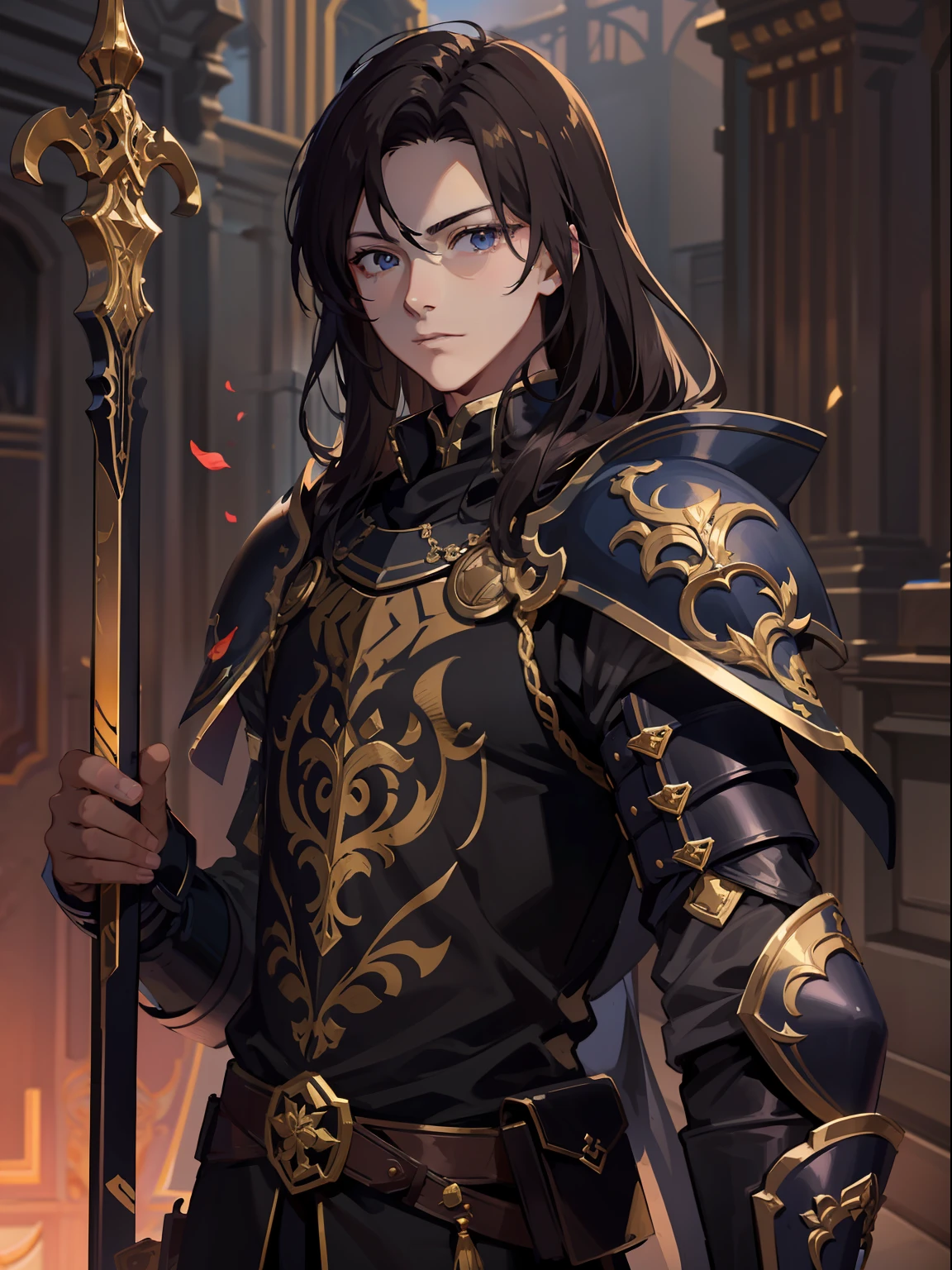 Super detailed brunette teenager with 8K resolution，黑The eye，Elegant aristocratic countenance，Wearing black armor，The armor has a gold pattern on it，Handsome guy with a sword，Optimal color rendering，Best shadow effect，Masterpiece level，A teenager around ，European