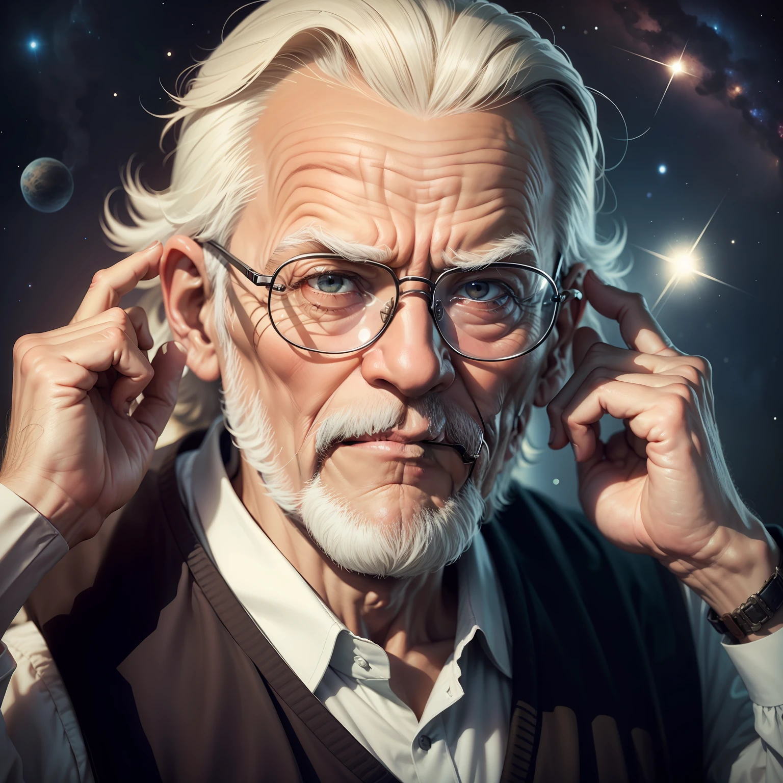 Old man with glasses, philosopher stoically glasses , em fundo de galaxia