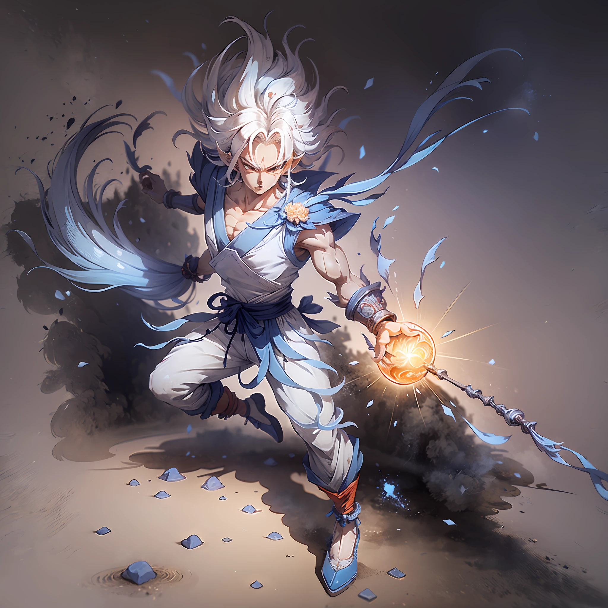 Goku, super saiyan, exquisite hair, arm depiction, white and blue hair body, exquisite shoes, eye depiction, exquisite hair, popmart blind box, clay texture, stepping on the land, black and white background, natural lighting, most good quality, super detail, 3D art, c4d, OC renderer, 3D rendering, 8k --auto --s2