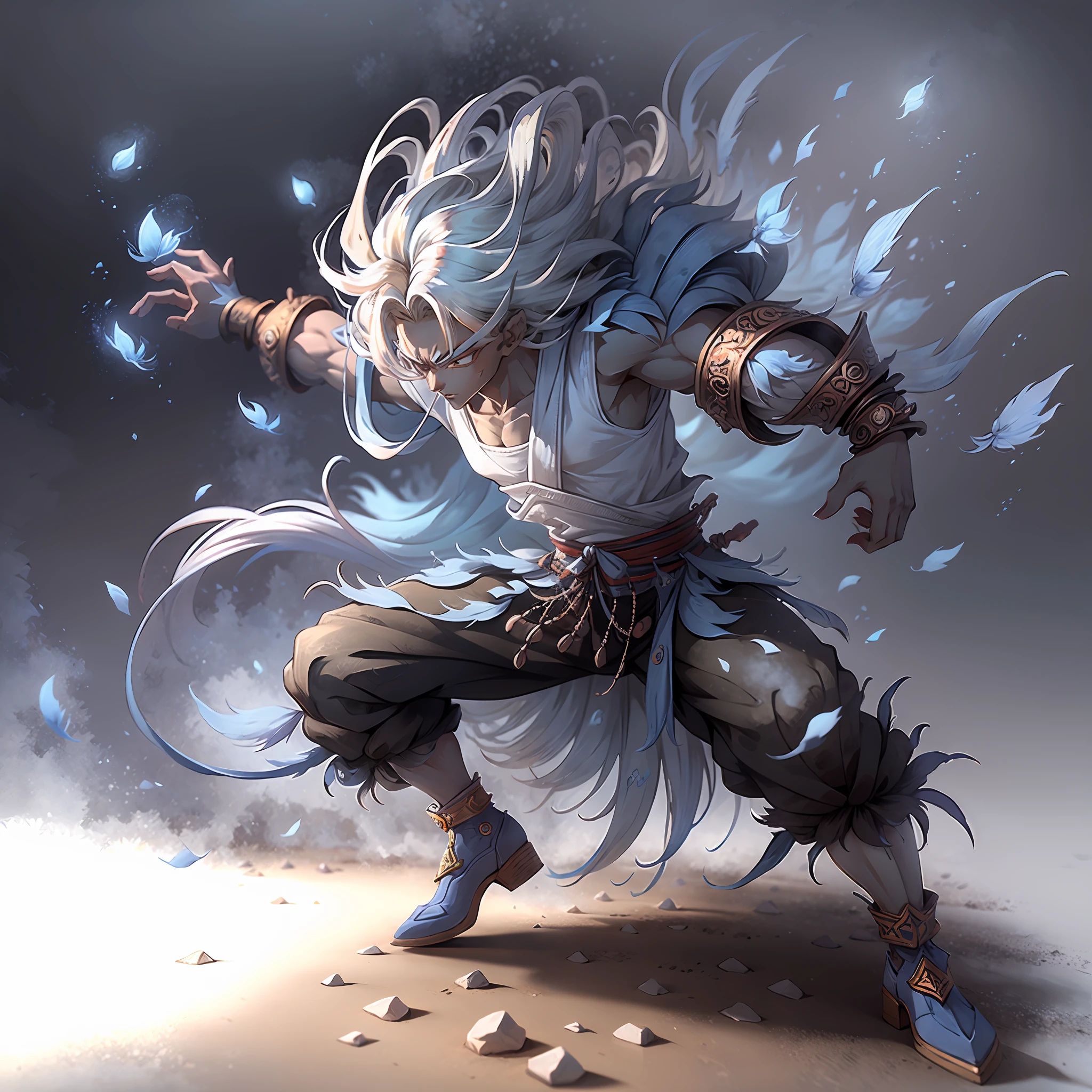 Goku, super saiyan, exquisite hair, arm depiction, white and blue hair body, exquisite shoes, eye depiction, exquisite hair, popmart blind box, clay texture, stepping on the land, black and white background, natural lighting, most good quality, super detail, 3D art, c4d, OC renderer, 3D rendering, 8k --auto --s2