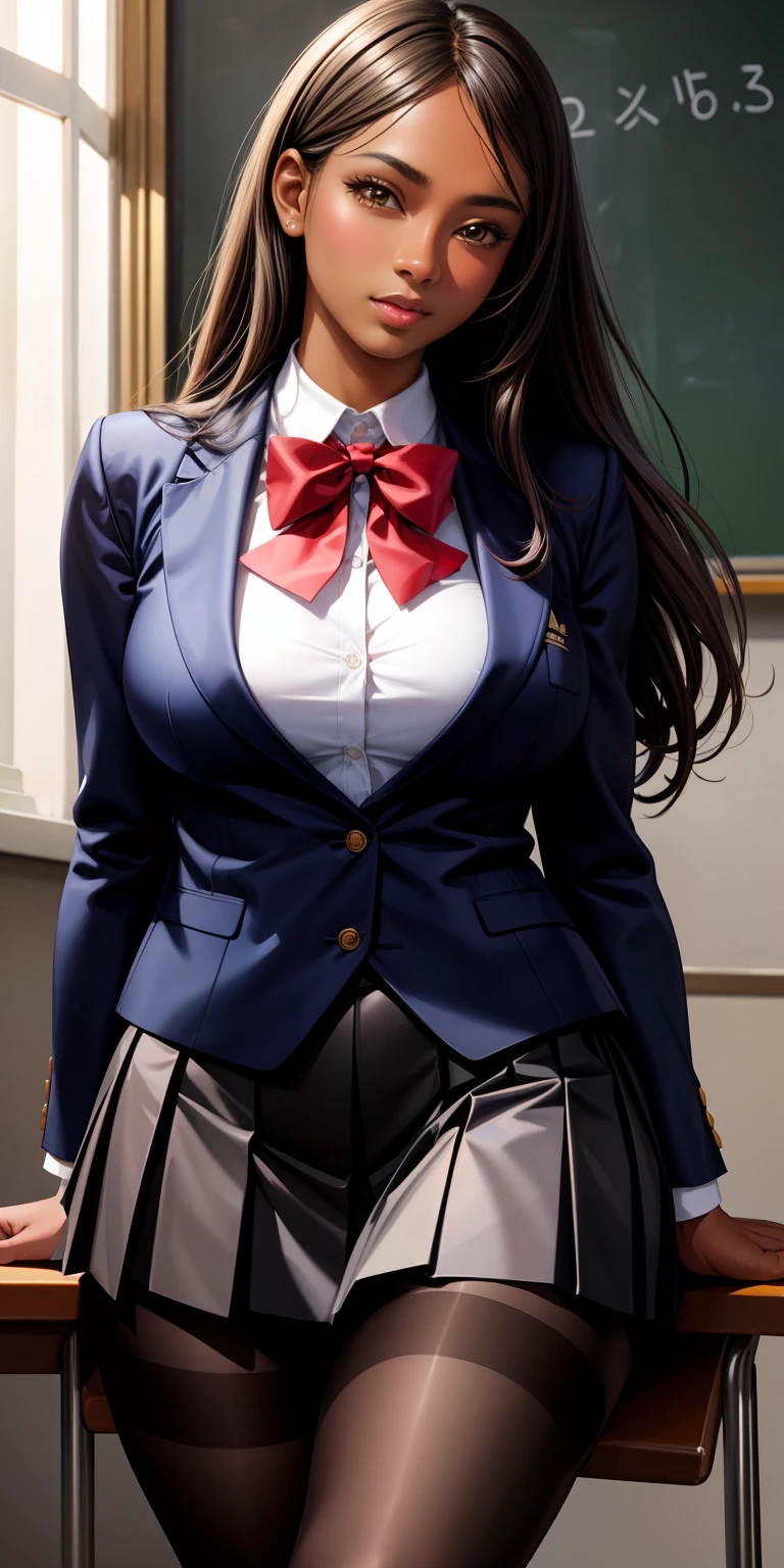 masterpiece, best quality, ultra-detailed, illustration, (realistic:1.2), 1Girl, solo, dark skin, dark hair, classroom, yuri, intimate, blazer, ultra glamourous, gyaru, vest, pantyhose, pleated skirt