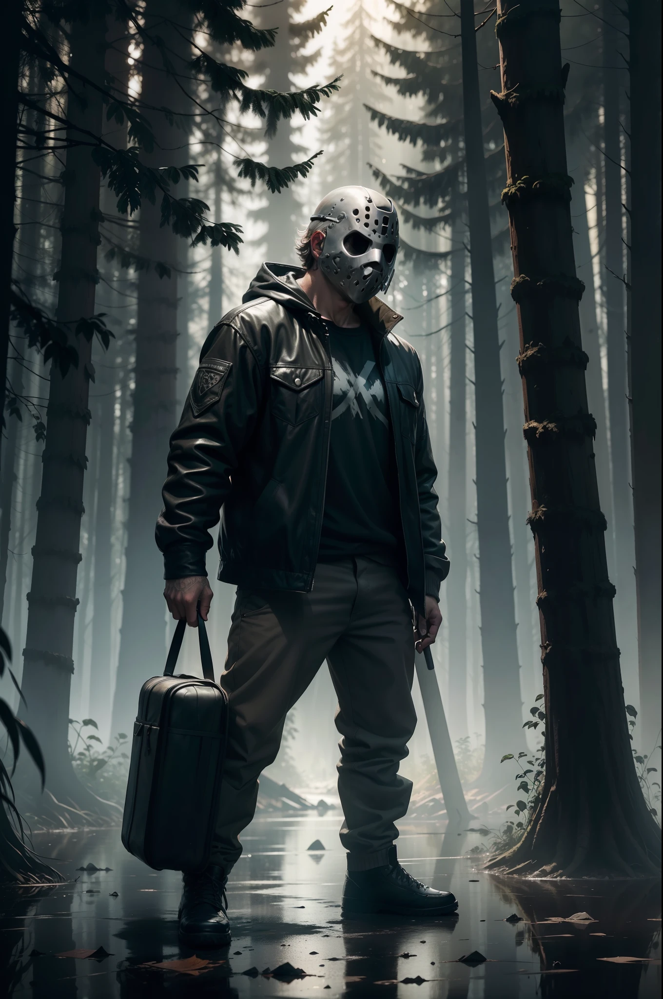 Description of an iconic scene with the character Jason Voorhees. Imagine a realistic image in which Jason Voorhees is standing in the darkness of the forest on a rainy night. He's wearing his classic worn-out hockey mask and holding his fearsome machete in one hand. His body is tall and imposing, and his clothes are all dirty and torn. A chuva cai pesadamente ao redor dele, creating puddles of water on the ground. Ao fundo, One can see the shadows of the shadowy trees and the rays of an occasional lightning bolt that illuminates his frightening face. The environment is surrounded by an air of mystery and terror, while Jason remains motionless, on the lookout, ready to attack anyone who dares to enter your territory.