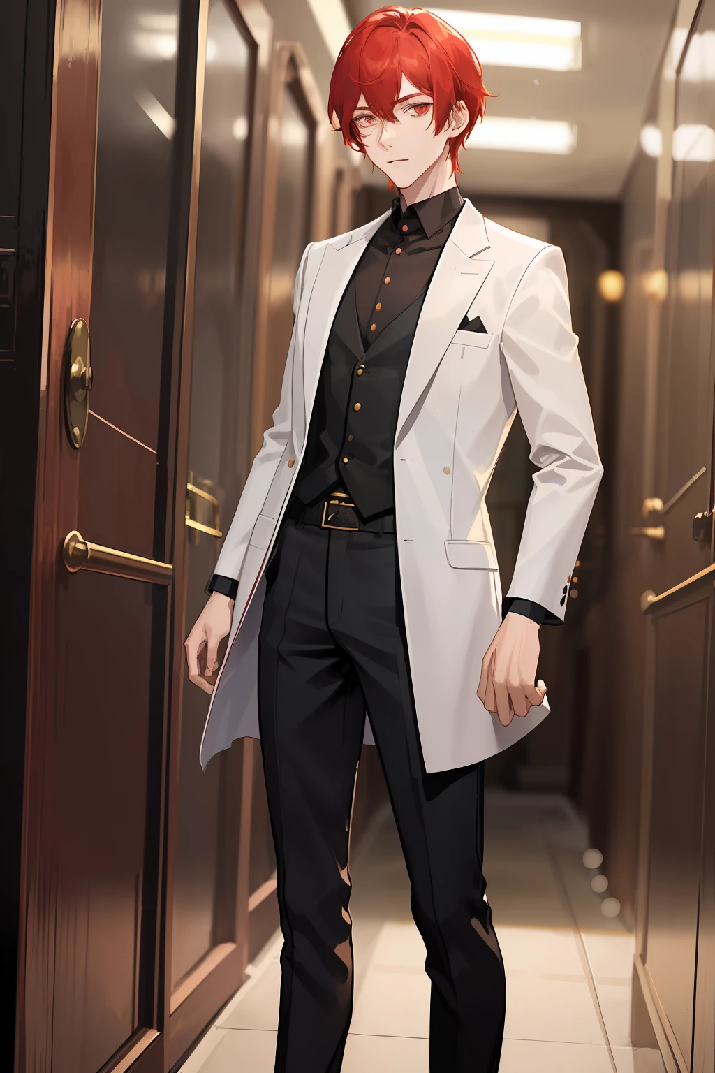 A tall guy with a slim physique. Red hair of medium length, brown eye. beatiful face, pretty eyes. A guy in a school uniform, white shirt, black pant, Dressed in a black robe. A guy stands in a dark corridor of a stone castle. dim lighting. dynamicpose. Detailed background, A detailed eye.