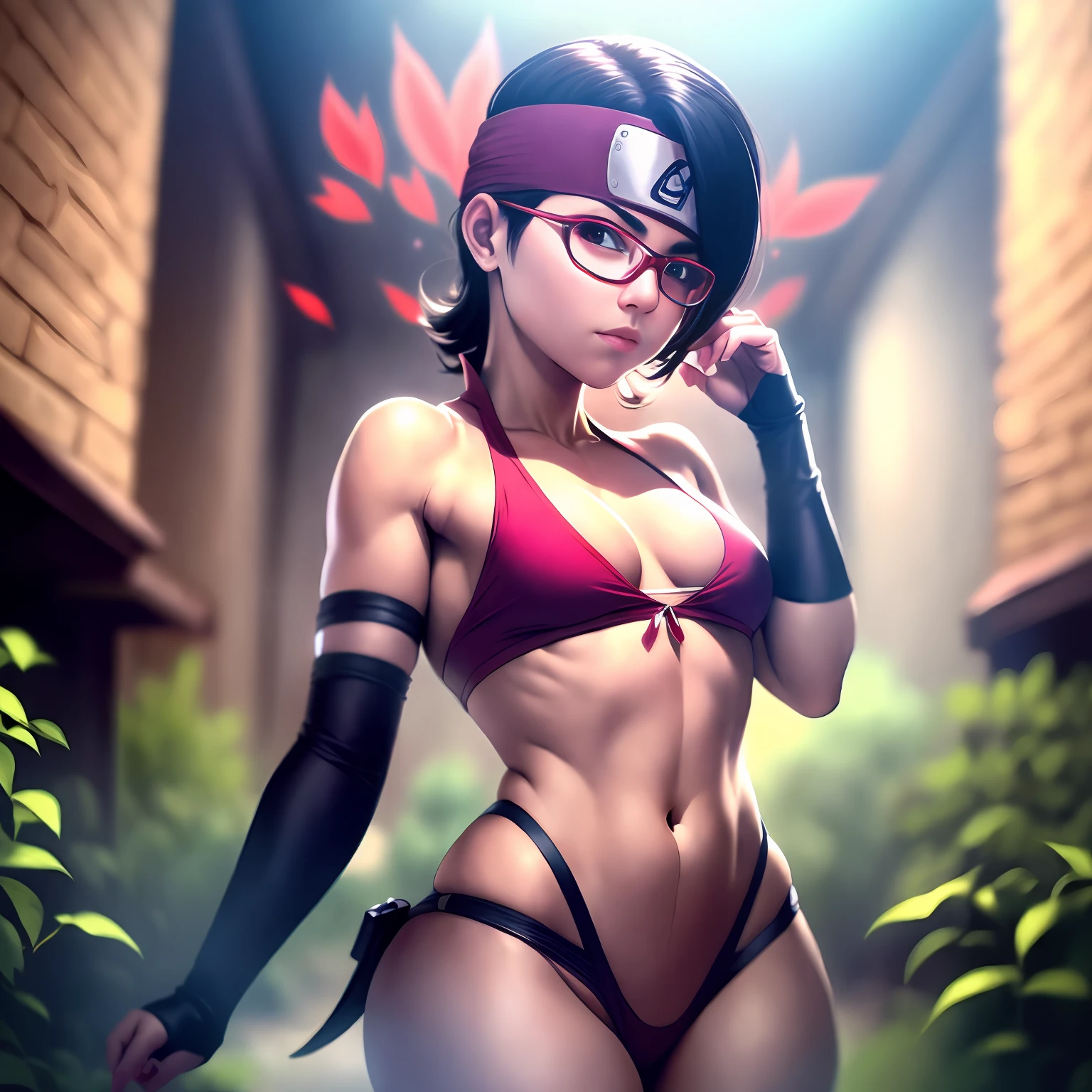 (obra-prima, alta resolução, foto-realista:1.3), Sarada Uchiha aos 18 anos, divertindo-se em casa, (atmosfera sedutora:1.2), vestindo apenas uma tanga desleixada, showing off her beautifully large and shaped buttocks, (tiny top:1.1), mal cobrindo seu amplo peito, (Leaf Village ninja headband:1.2), orgulhosamente exibida, (olhos infundidos de Sharingan:1.2), red tint of the Sharingan reflecting its heightened perception, (desejo de capturar a foto perfeita:1.1), turning to look back, capturando o resultado em uma foto, (impeccable lighting:1.2), accentuating your traits, brilho radiante, playful expression, olhar cativante, ambiente sedutor, A moment of self-confidence and seduction, highlighting Sarada's growth and confidence as a young ninja. Com o uso de profundidade de campo (DOF), super-resolution and high-megapixel rendering, each element comes to life with cinematic lightning and anti-aliasing techniques like FKAA, TXAA e RTX. The addition of SSAO (Screen Space Ambient Occlusion) and various post-processing effects in post-production and tone mapping elevate visual quality to a whole new level. Com o uso de profundidade de campo (DOF), super-resolution and high-megapixel rendering, each element comes to life with cinematic lightning and anti-aliasing techniques like FKAA, TXAA e RTX. The addition of SSAO (Screen Space Ambient Occlusion) and various post-processing effects in post-production and tone mapping elevate visual quality to a whole new level. moon tattoo