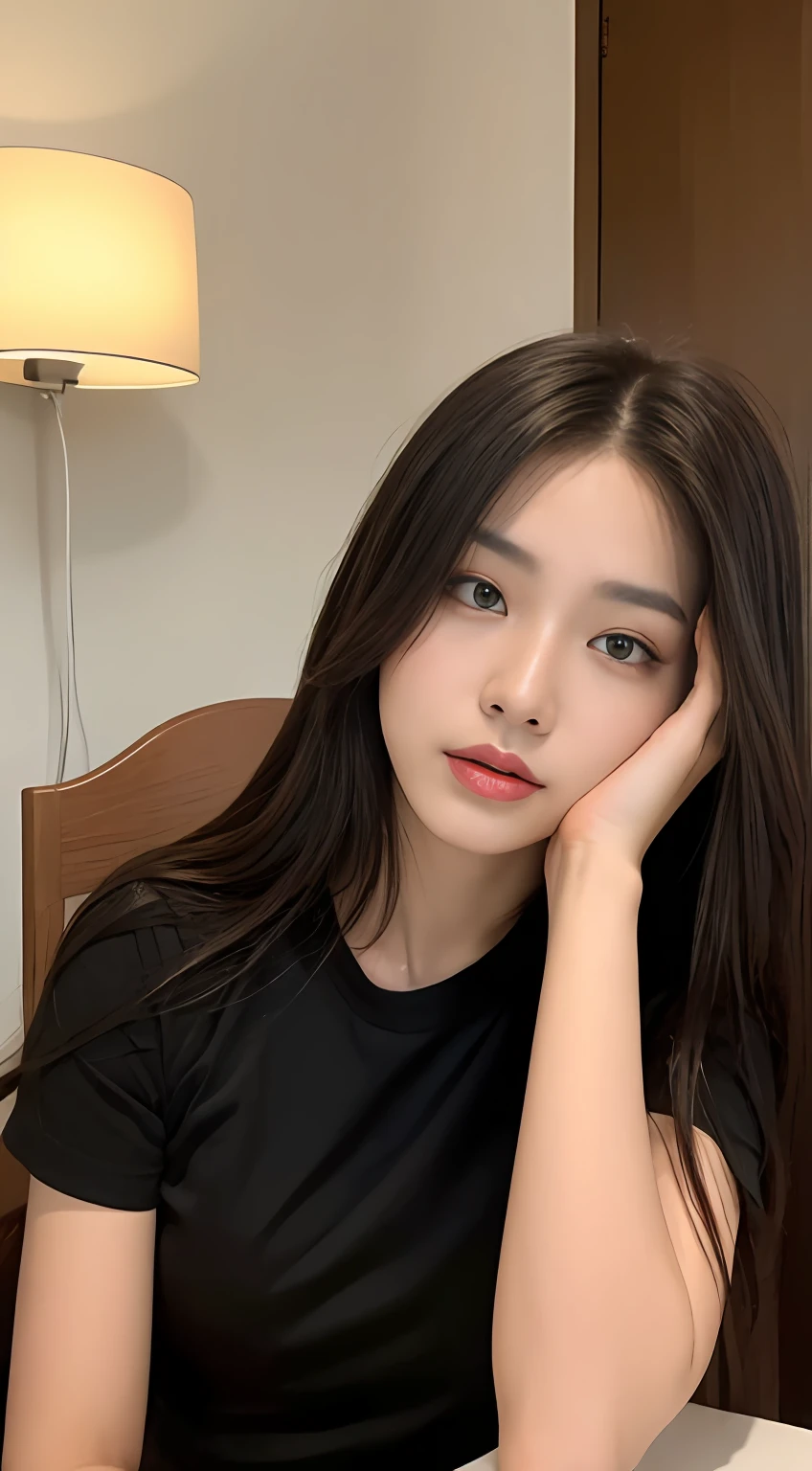 ((Best Quality, 8k, Masterpiece: 1.3)), Odak: 1.2, Perfect Body Beauty: 1.4, Buttock: 1.2, ((long hair)), ( Region: 1.1), (sun, Sokak:1.3), -Interior-the-Shoulder black T-shirt : 1.1, Highly detailed facial and skin texture, Beautiful eyes, Double eyelids, Beyaz ten, sin home , real life, real lighting in chair