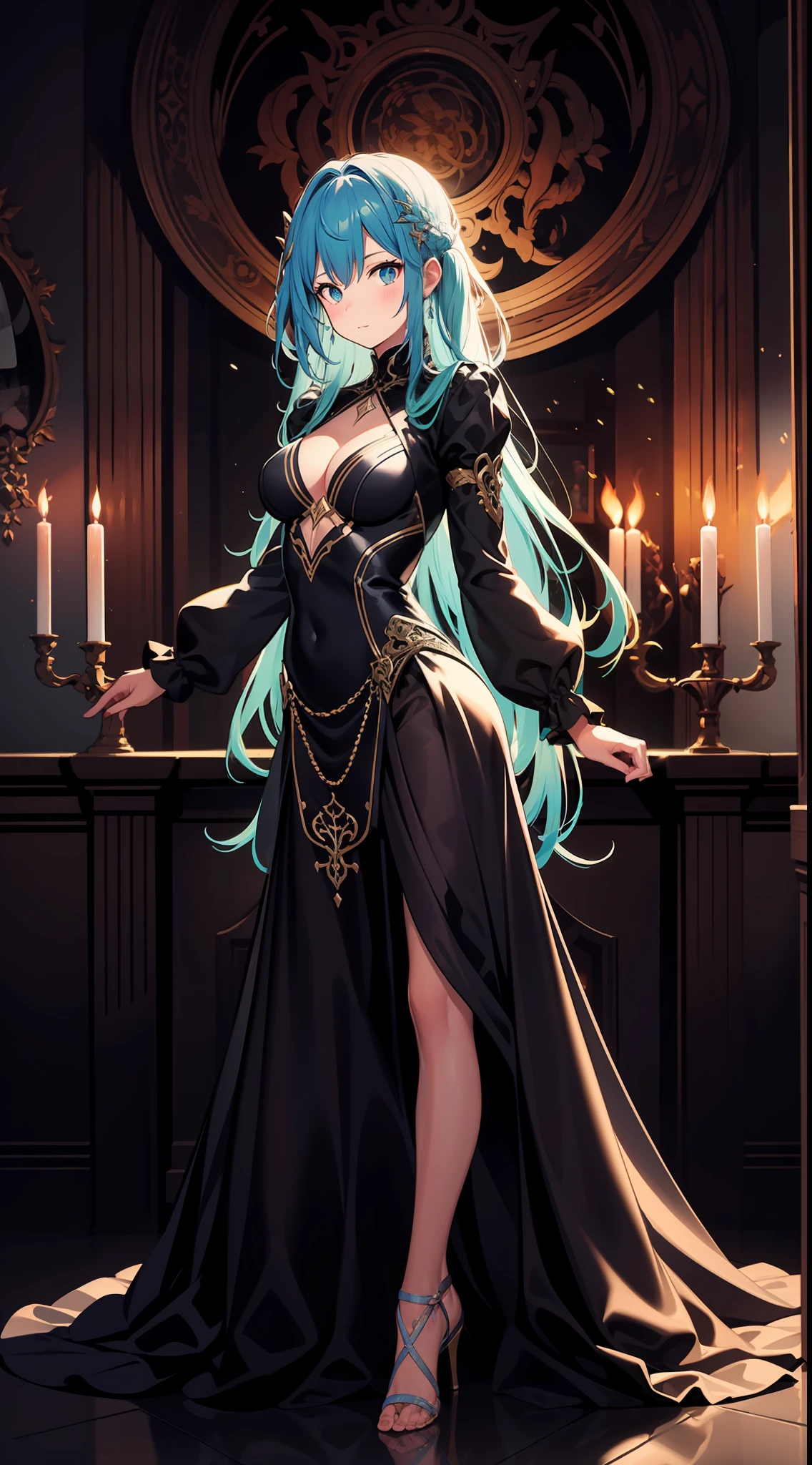 Una imagen en estilo art nouveau. A woman dances in a dark room lit by several candles, Su sombra reflejada en la pared tiene la forma de un demonio..