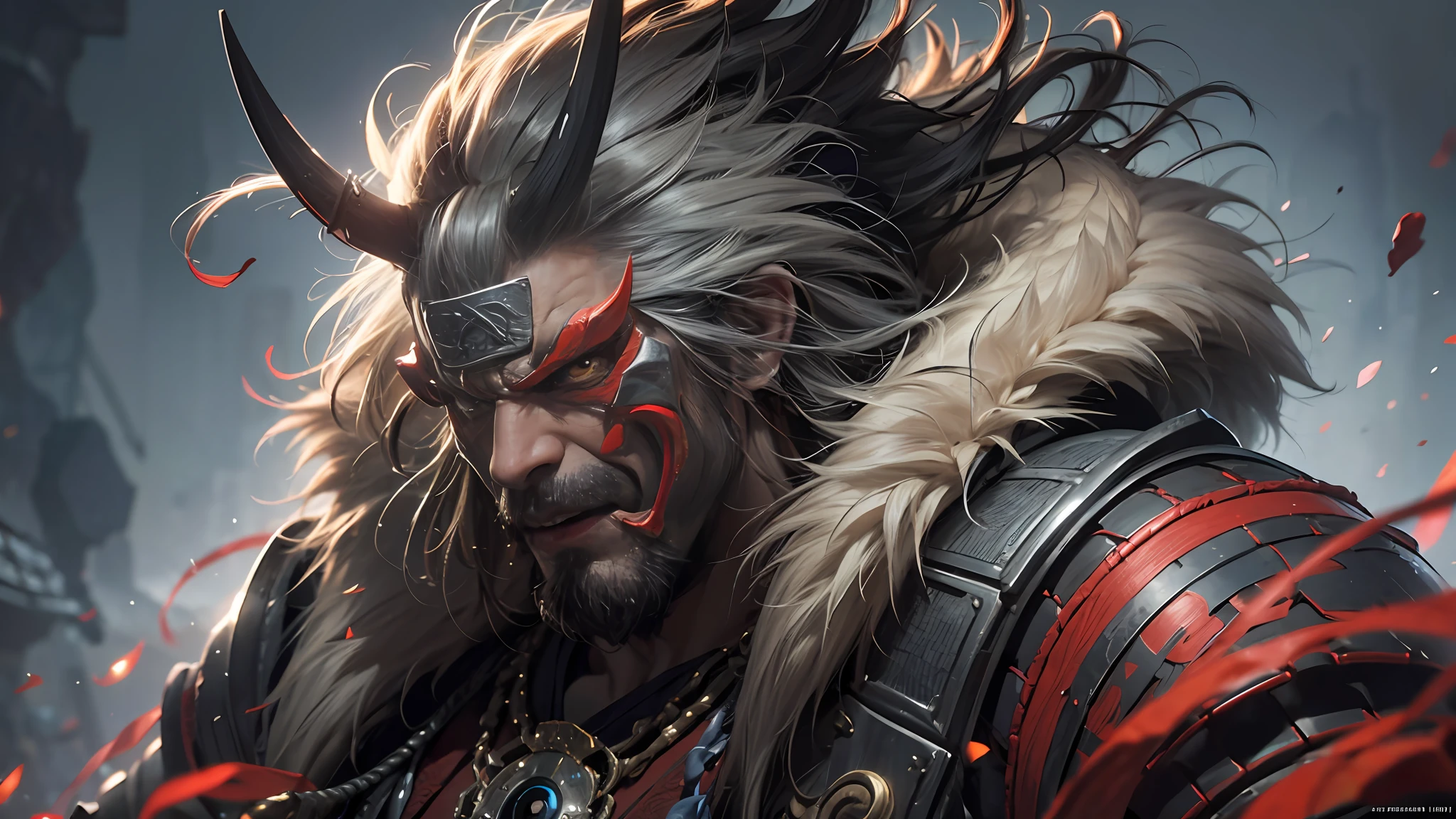 (extremely detailed 8k wallpaper), a medium shot photo of a fearful samurai warrior in full armor and oni mask, fur on shoulders, intricate, high detail, dramatic --auto --s2