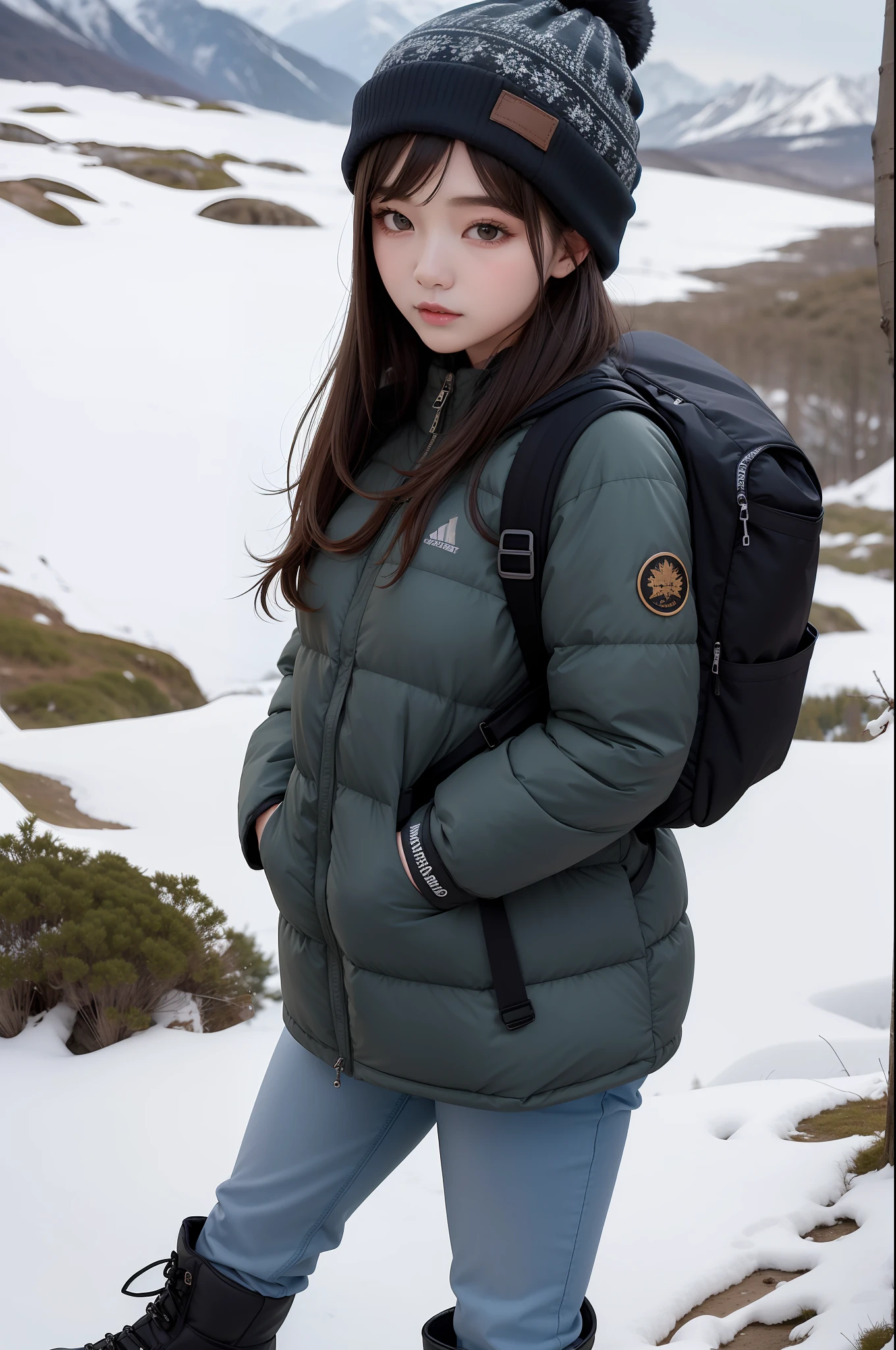 masterpiece, best quality, ultra high res, beautiful detailed hair detailed face, full-body potrait, 1girl, solo, perfect feminine face, beautiful and gergous korean idol female going hiking, (winter jacket), beanie hat, long jenas, danner boots, backpack, large backpack, hiking backpack, mountain background, forest