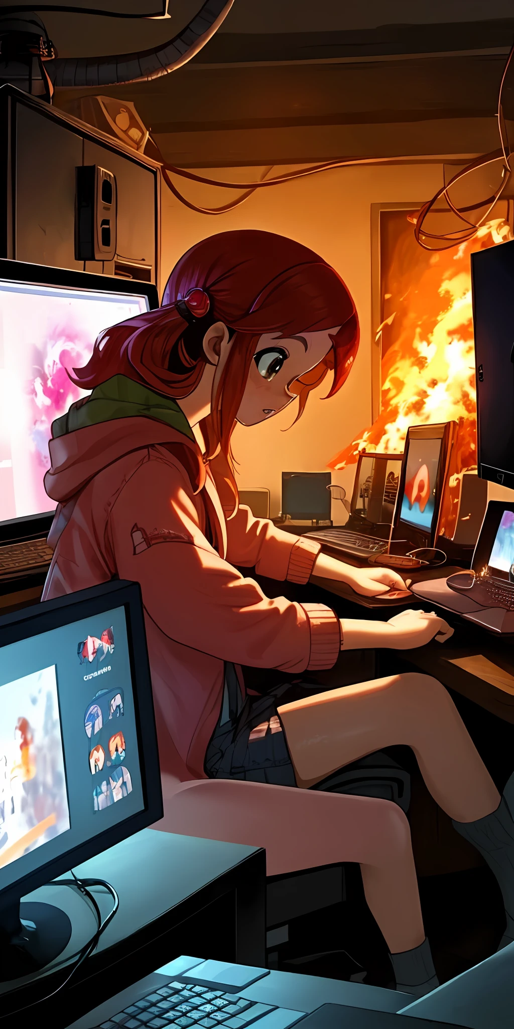 a girly girl gamer playing at her computer while her arparment comple is on fire and burning unphased