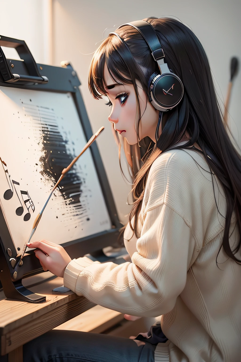 You are an AI capable of creating realistic images. Por favor, Let's think of music as a beautiful painting. Each sound is like a brush stroke on the board, and the combination of these brushstrokes forms a complete and meaningful picture. Our mission is to learn how to use brushes (como notas musicais) to create our own sound artworks!Let's think of music as a beautiful painting. Each sound is like a brush stroke on the board, and the combination of these brushstrokes forms a complete and meaningful picture. Our mission is to learn how to use brushes (como notas musicais) to create our own sound artworks! put the girl's hand on the brush