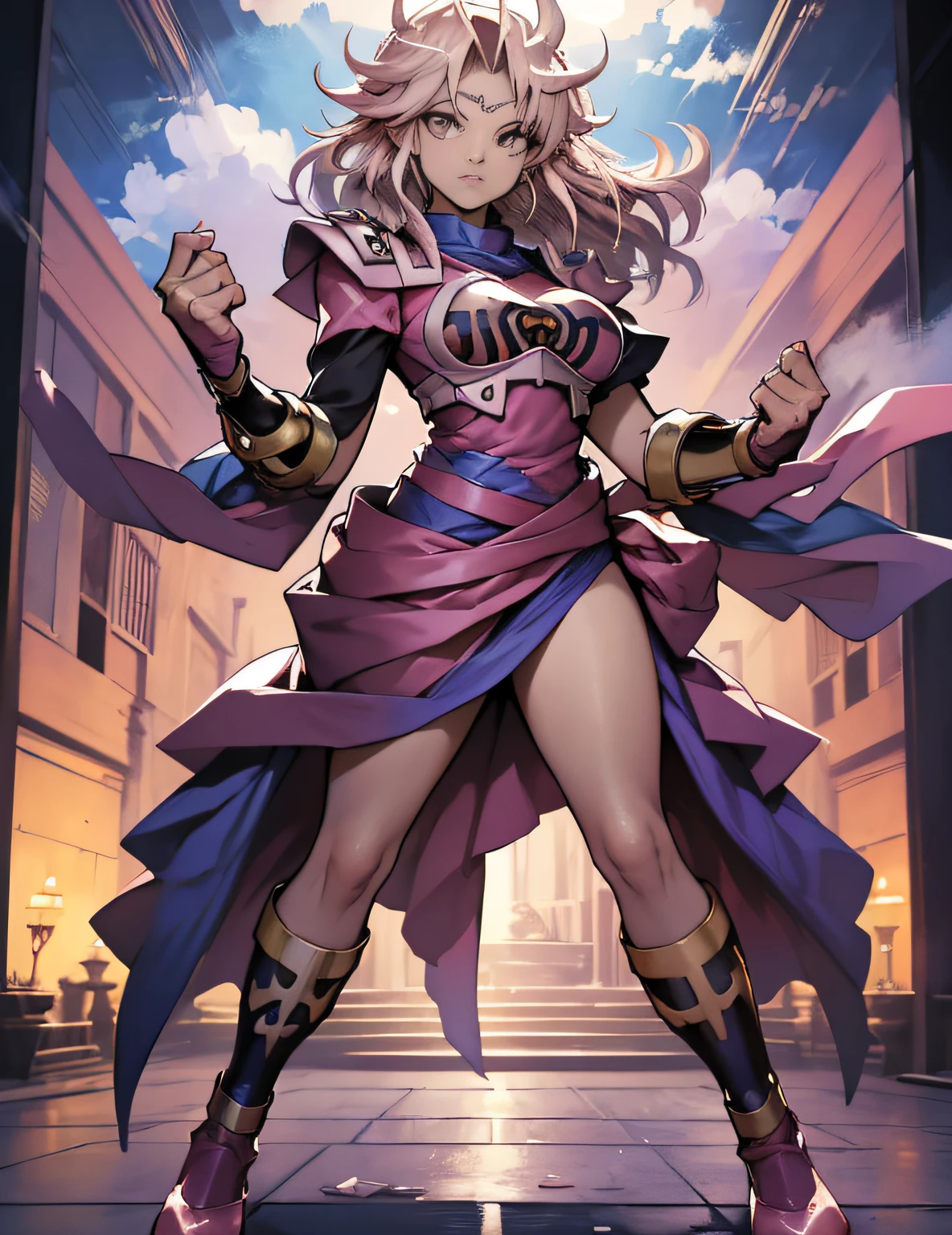 Lutadora de artes marciais, estilo anime, yu-gi-oh! duel monster estilo, cabelo rosa, corpo inteiro, pose de luta, rosto bravo, atacando
