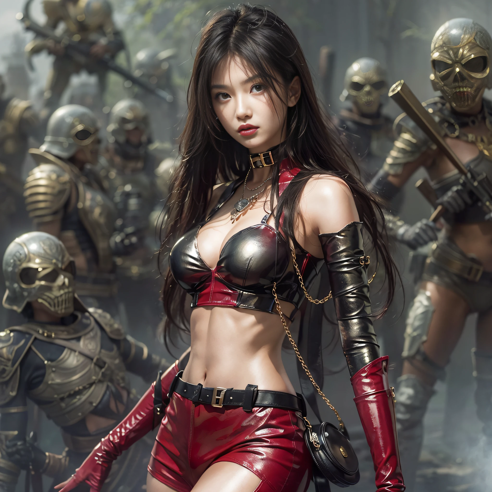 ((masterpiece:1.4)、(top-quality:1.4)、(reallistic:1.7))、Mercenary troops from another dimension、Cute girl mercenary、Sexy Daughter、1girl in、latex shiny、Latex bodysuit、By Luis Royo、age19、Ultra Ultra Bikini、Looking Back Beauty、Outstanding style、Slender Abs、beauty legs、Beautiful ass、A detailed eye、Raw photo、red-lips、Red high heels、a choker、a necklace、耳Nipple Ring、