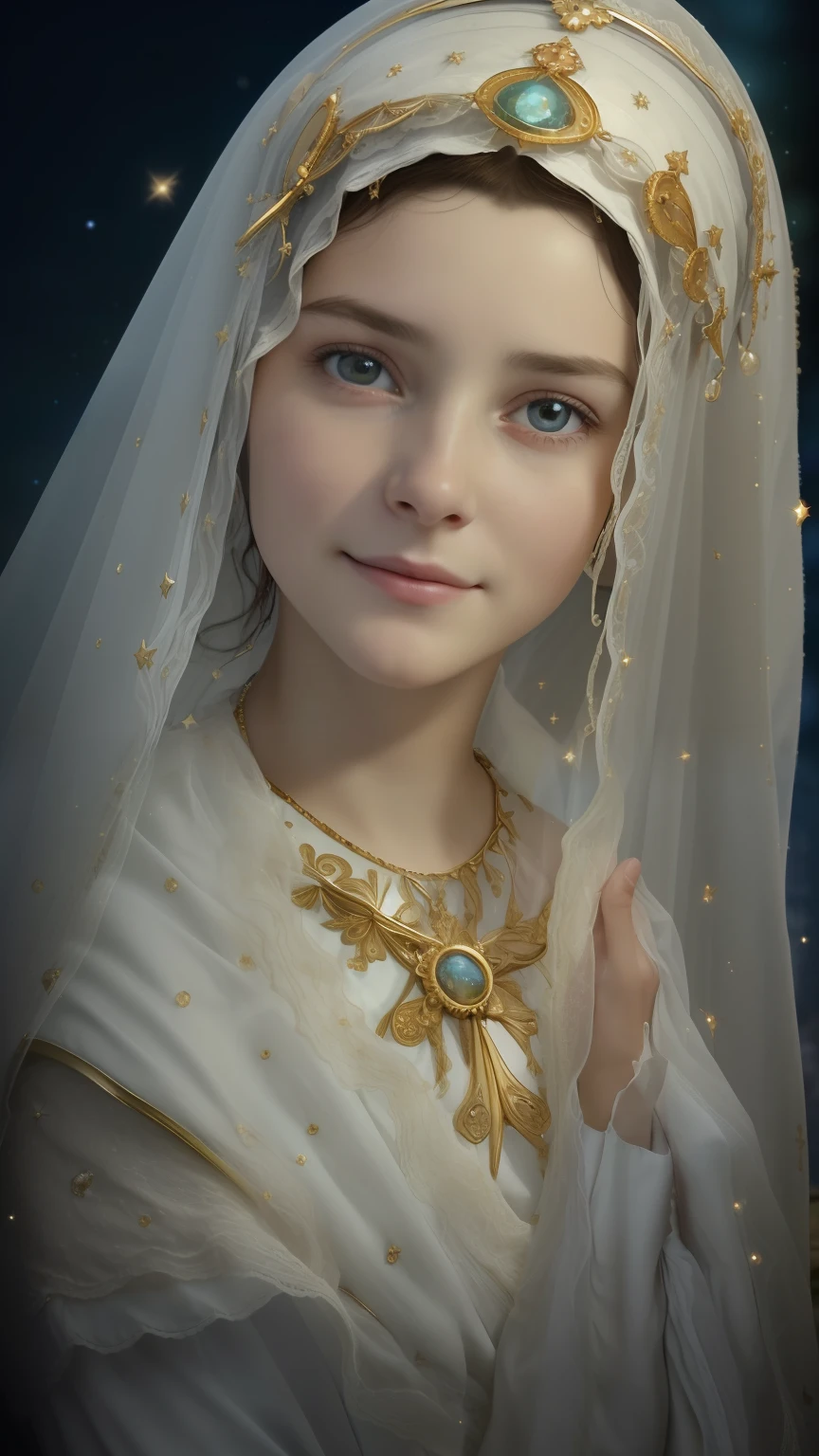 (((Blessed Virgin Mary))) (((17 years old))) (((Melancholic and pious appearance sweet and tender look ))) . obra maestra, (La mejor calidad: 1.2), (super fine: 1.2), illustration, (extremadamente delicado y hermoso: 1.2), movie angle, flotante, (Hermoso ojo de detalle: 1.1), (detalle luz: 1.1), Movie Lights, Cielo delicado, ojos azules, (Cola de caballo alta: 1.1), capa, ojuelos, (luna: 1. 2), (Luz de la luna: 1.1), cielo estrellado, (light particles: 1.1) dibujo, flor. (obra maestra), (La mejor calidad), (fotorrealista:1.3), 8k, Textura detallada de la piel, Textura detallada de la tela, hermosa cara detallada, Detalles intrincados, ultra detallado (cuerpo de cuerpo entero:1.2)