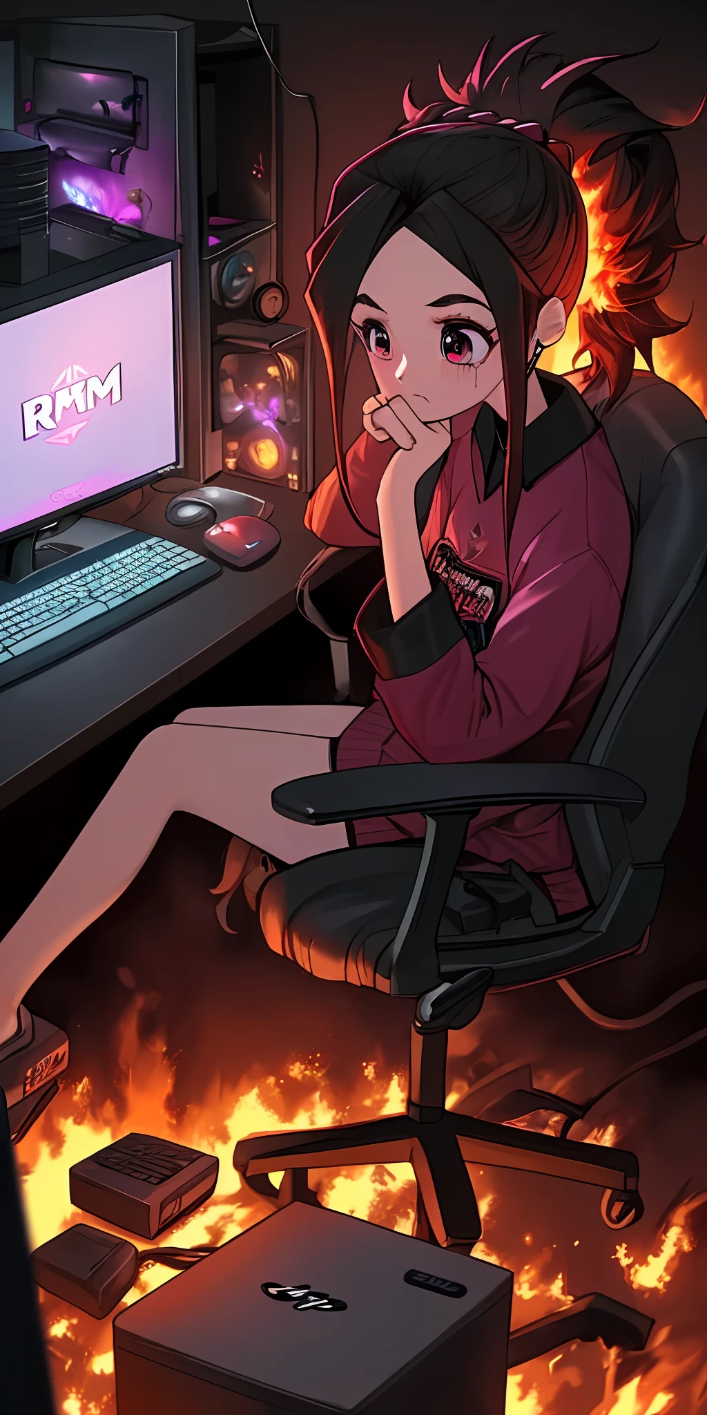 a pro girly girl extreme gamer playing at her best gaming RBG computer while her arparment comple is on fire and burning unphased