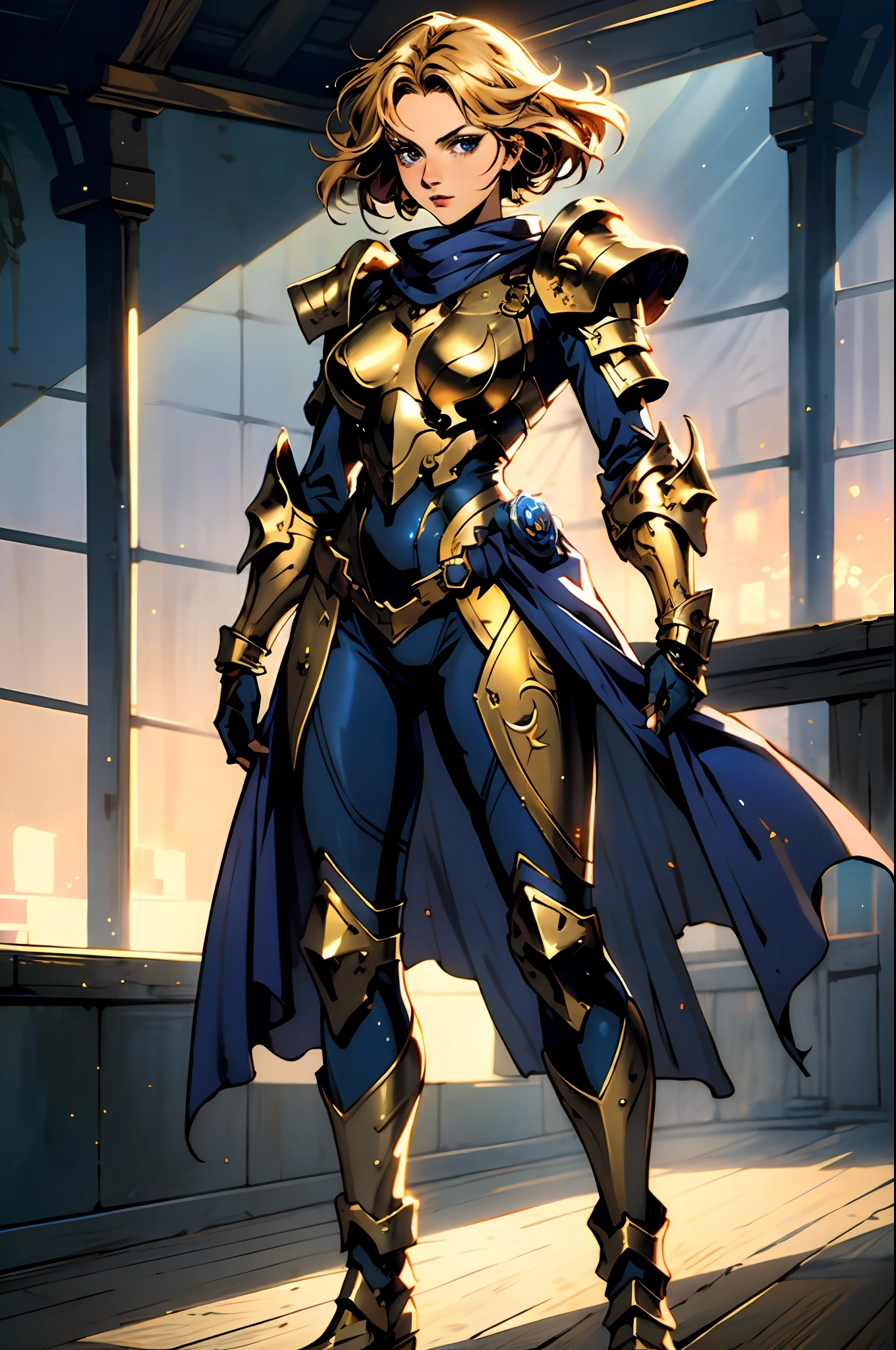 A female character dressed in a full-body suit of fantasy-style armor, with a helmet that exposes her eyes, the armor shines in a vibrant golden color, complemented by accents of red and blue, she exudes an aura of nobility, she embodies a fantasy-style armored hero with a Japanese anime-inspired design, with intricate character design and a mature artistic style, ((character concept art)), full body character drawing, metallic, high definition, best quality, ultra-detailed, extremely delicate, anatomically correct, symmetrical face, extremely detailed eyes and face, high quality eyes, creativity, RAW photo, UHD, 8k, (Natural light, professional lighting:1.2, cinematic lighting:1.5), (masterpiece:1.5)