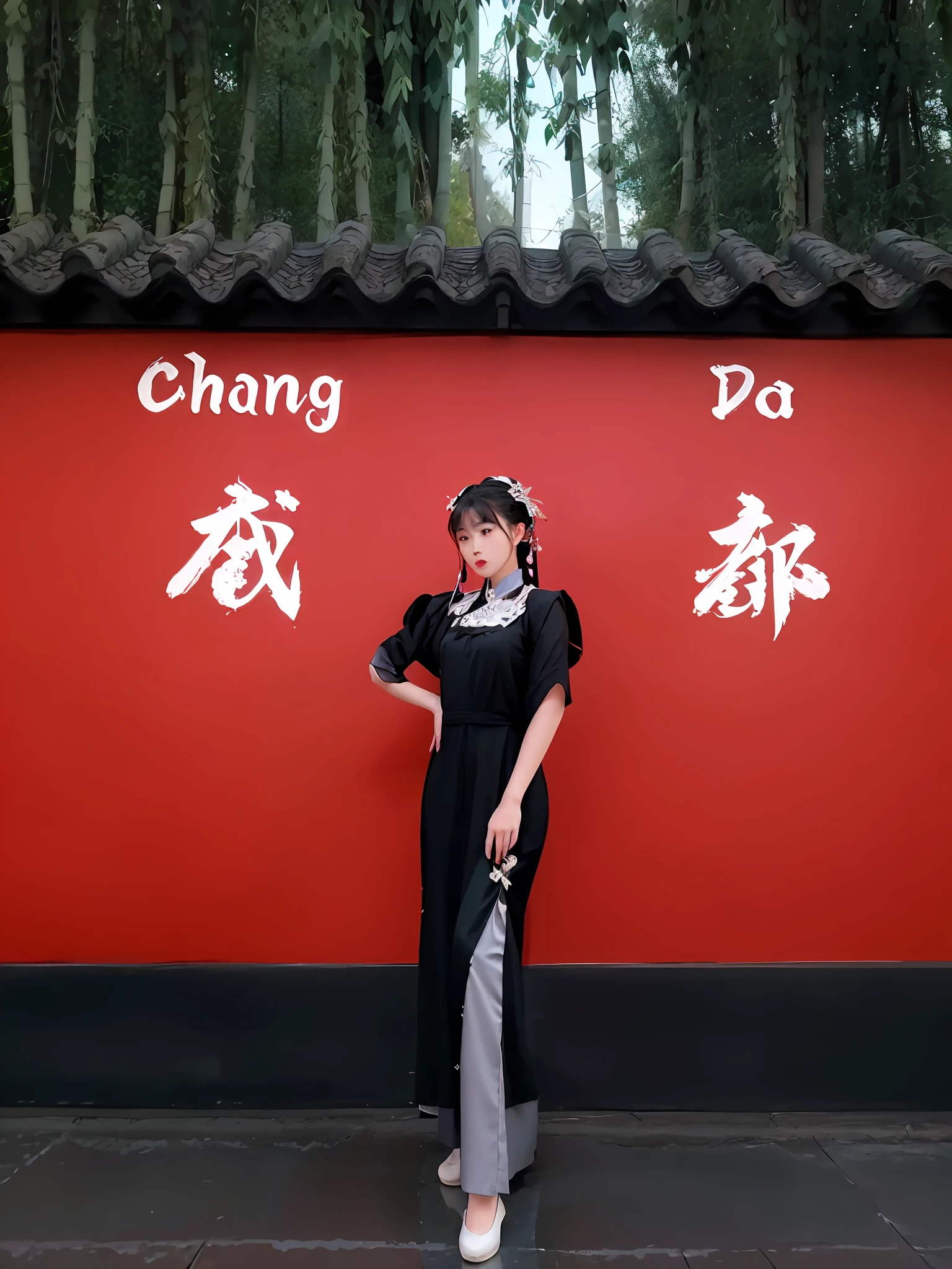 An Arad woman in a black dress stands in front of the red wall, inspired by Chang Dai-chien, inspired by Chen Hong, inspired by Chen Daofu, with acient chinese clothes, inspired by Cheng Shifa, inspired by Shi Zhonggui, inspired by Dong Yuan, Cheongsam, Chinese costume, inspired by Zhang Zongcang