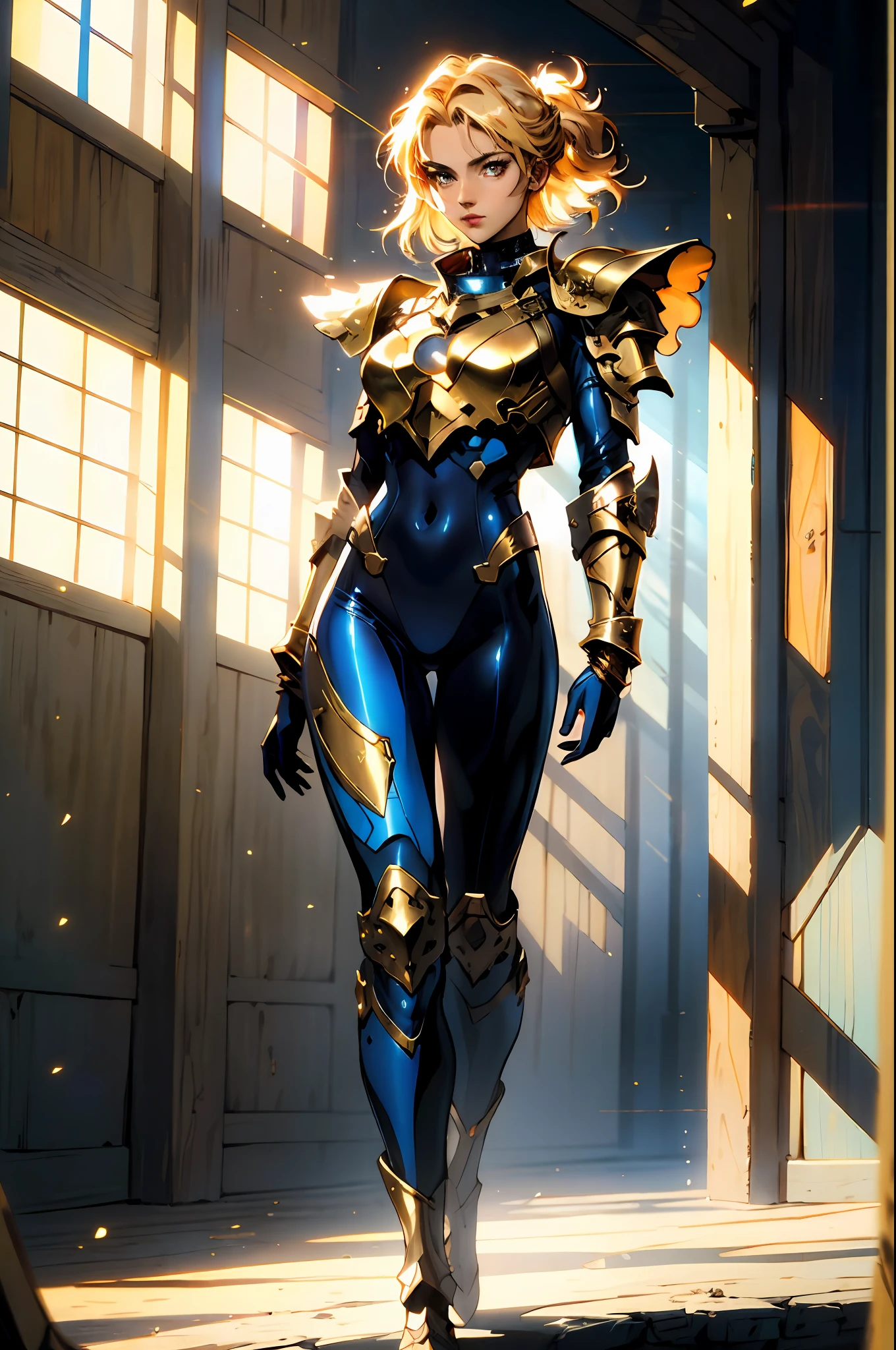 A female character dressed in a full-body suit of fantasy-style armor, with a helmet that exposes her eyes, the armor shines in a vibrant golden color, complemented by accents of red and blue, she exudes an aura of nobility, she embodies a fantasy-style armored hero with a Japanese anime-inspired design, with intricate character design and a mature artistic style, ((character concept art)), full body character drawing, metallic, high definition, best quality, ultra-detailed, extremely delicate, anatomically correct, symmetrical face, extremely detailed eyes and face, high quality eyes, creativity, RAW photo, UHD, 8k, (Natural light, professional lighting:1.2, cinematic lighting:1.5), (masterpiece:1.5)