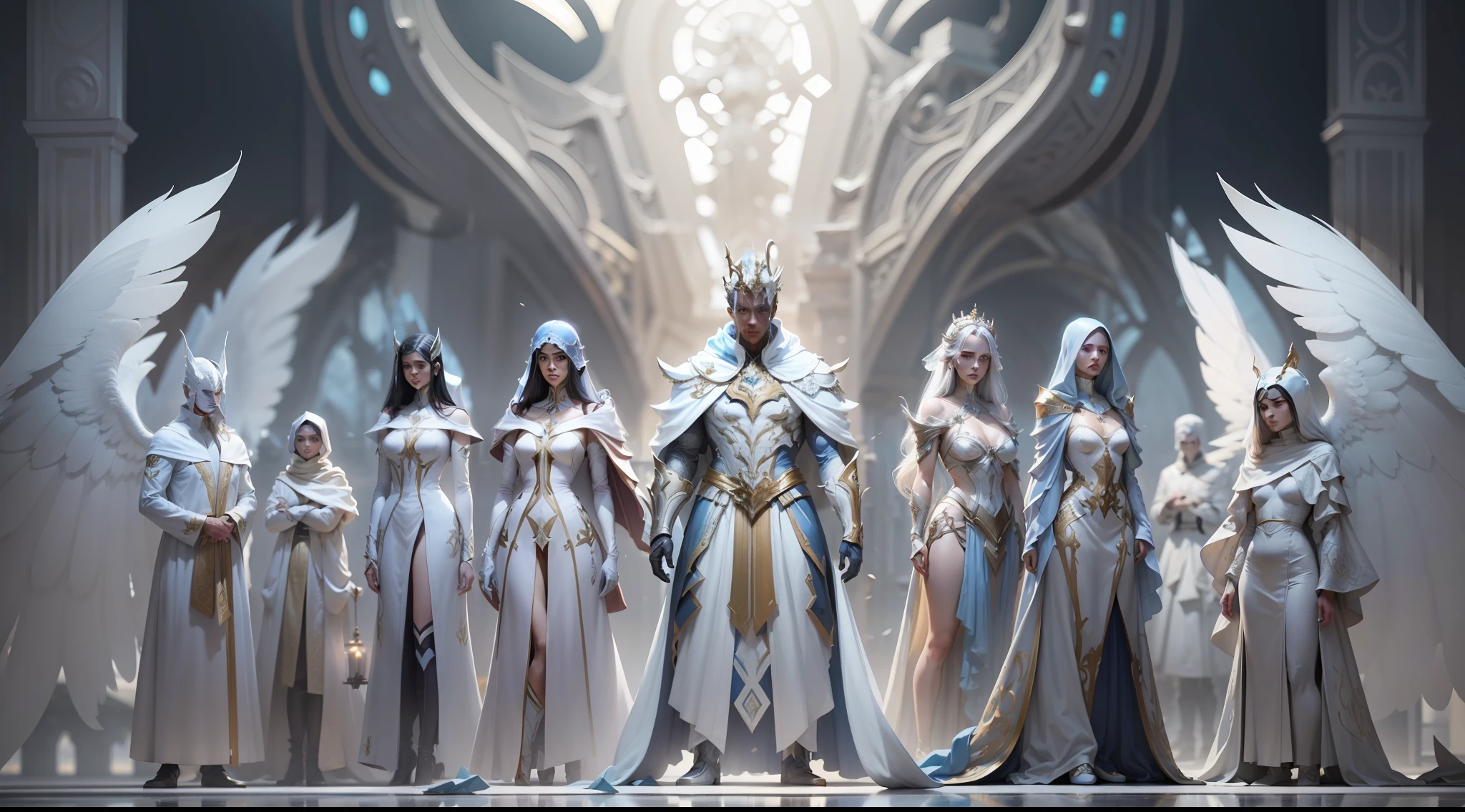 Many men dressed in white standing next to each other with wings, anjos um do lado do outro, Inquisidores, Amazing 8K character concept art, Arte Conceitual Viktor Antonov, design de personagens de fantasia, sci fi characters, arte conceitual de destiny, epic scifi character art, Arte conceitual de personagens 8K, Arte conceitual de personagens 8K, arte conceitual de corpo inteiro, Many futuristic princes