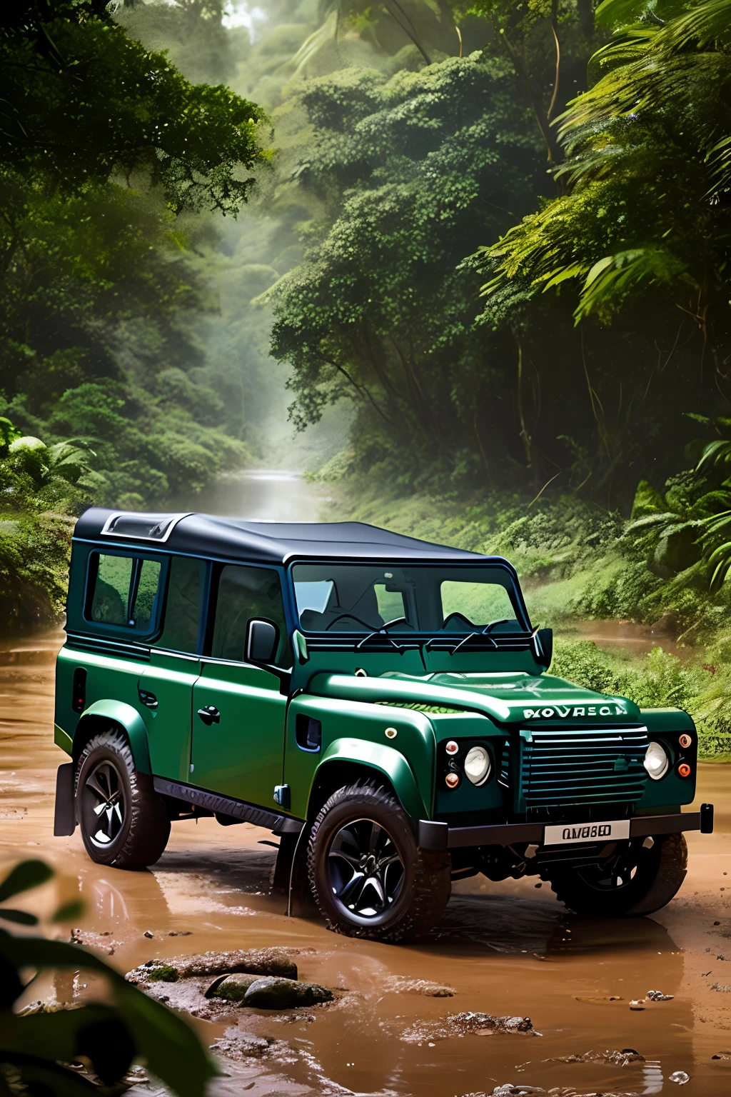 land rover defender 110 2010 model in jungle, ((close up)) detailed, muddy floor, rainy weather, digital painting, artstation, concept art, breathtaking, high details, extremely detailed, beautiful, establishing shot, hyperrealistic, unreal engine 5