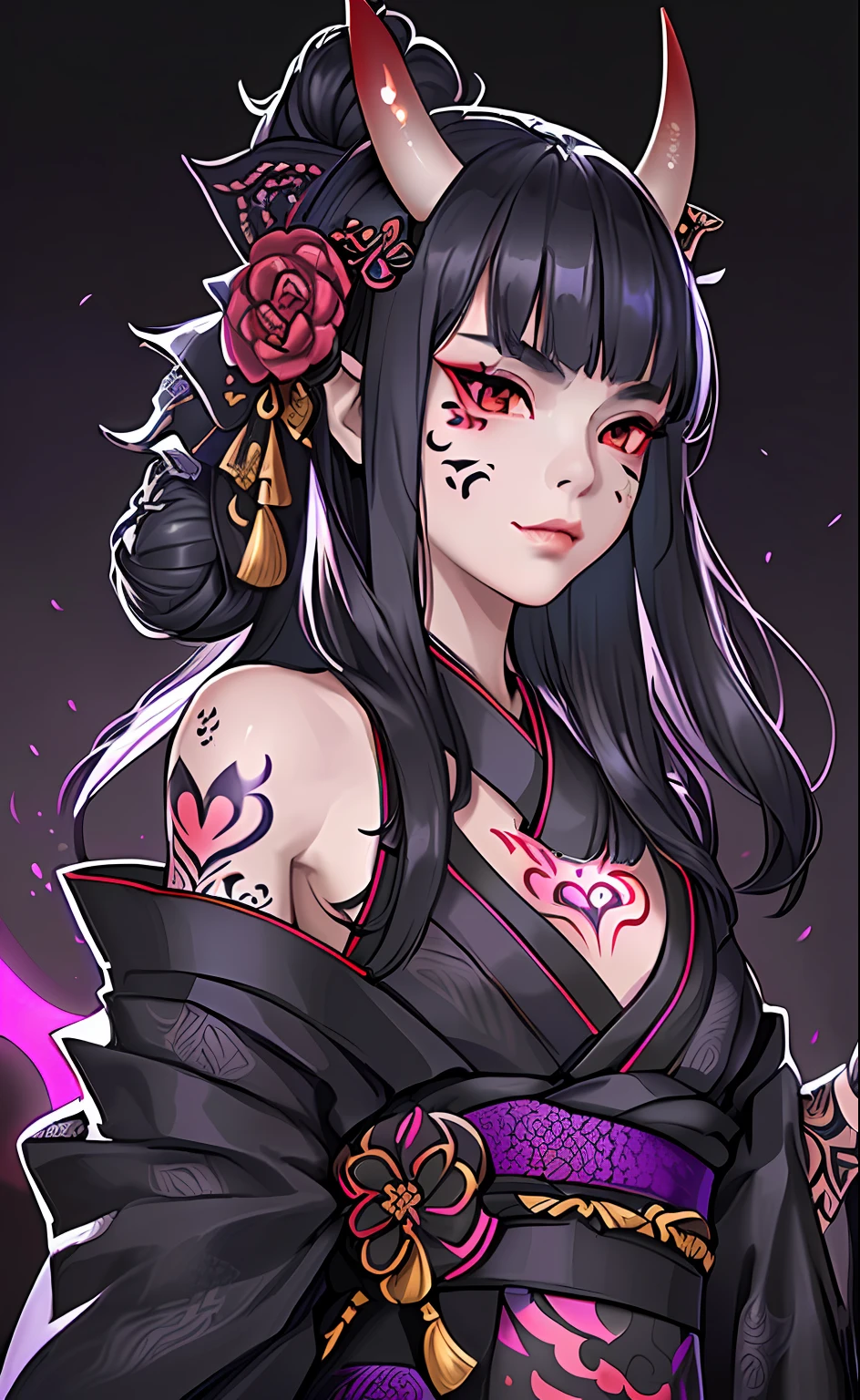 (photorealistic:1.3), masterpiece, best quality, (intricate details:1.2), (scenery:1.3), beautiful face, (black theme:1.3),
(((1girl, a girl in patterned kimono holding a dagger in her hand, (look at veiwer:1.3), (face tattoo:1.2), small oni horn,
))), full body, split in half