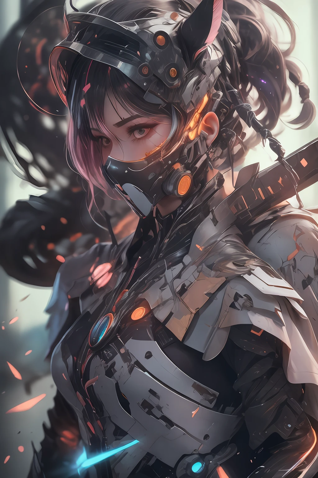 sh4g0d,
girl samurai, wearing mask made of wood, half body portrait, ready to fight, cyber neon drills, twin blade, vfx