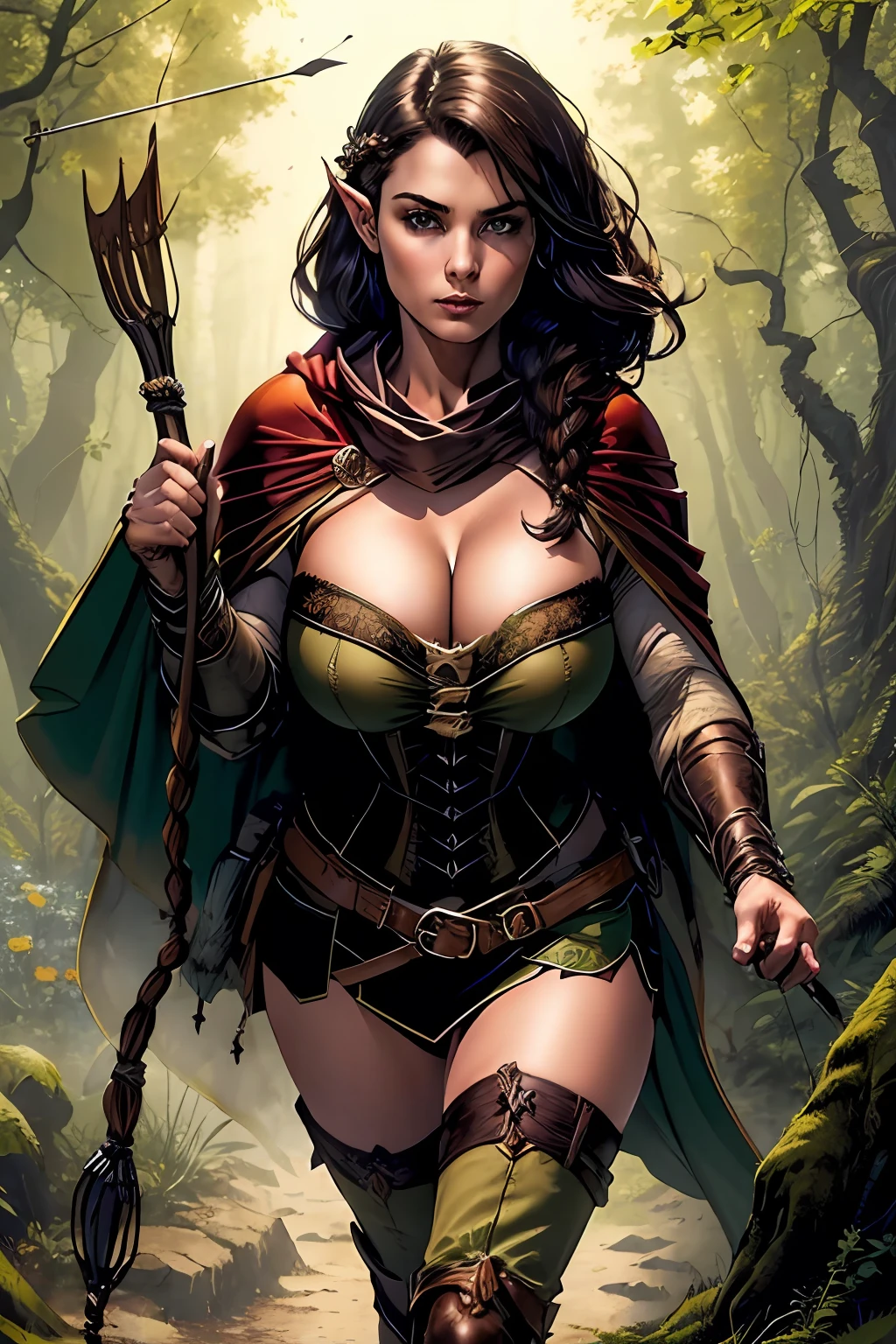 (masterpiece, top quality, best quality, official art, beautiful and aesthetic:1.2), (1girl:1.3), dark brown hair in a single (braid), extremely detailed, portrait, looking at viewer, solo, (full body:0.6), detailed background, close up, cat eyes, (warm summer forest theme:1.1), (elf) ranger, charlatan, smirk, mysterious, walking in forest, revealing ranger attire, cowl, cloak, corset, long boots, buckles, straps, pouches, bow and arrow, green fabric, brown leather, (((gigantic breasts, cleavage, skindentation))), slim waist, slim hips, long legs, medieval (forest exterior:1.1) background, dark mysterious lighting, shadows, magical atmosphere, dutch angle