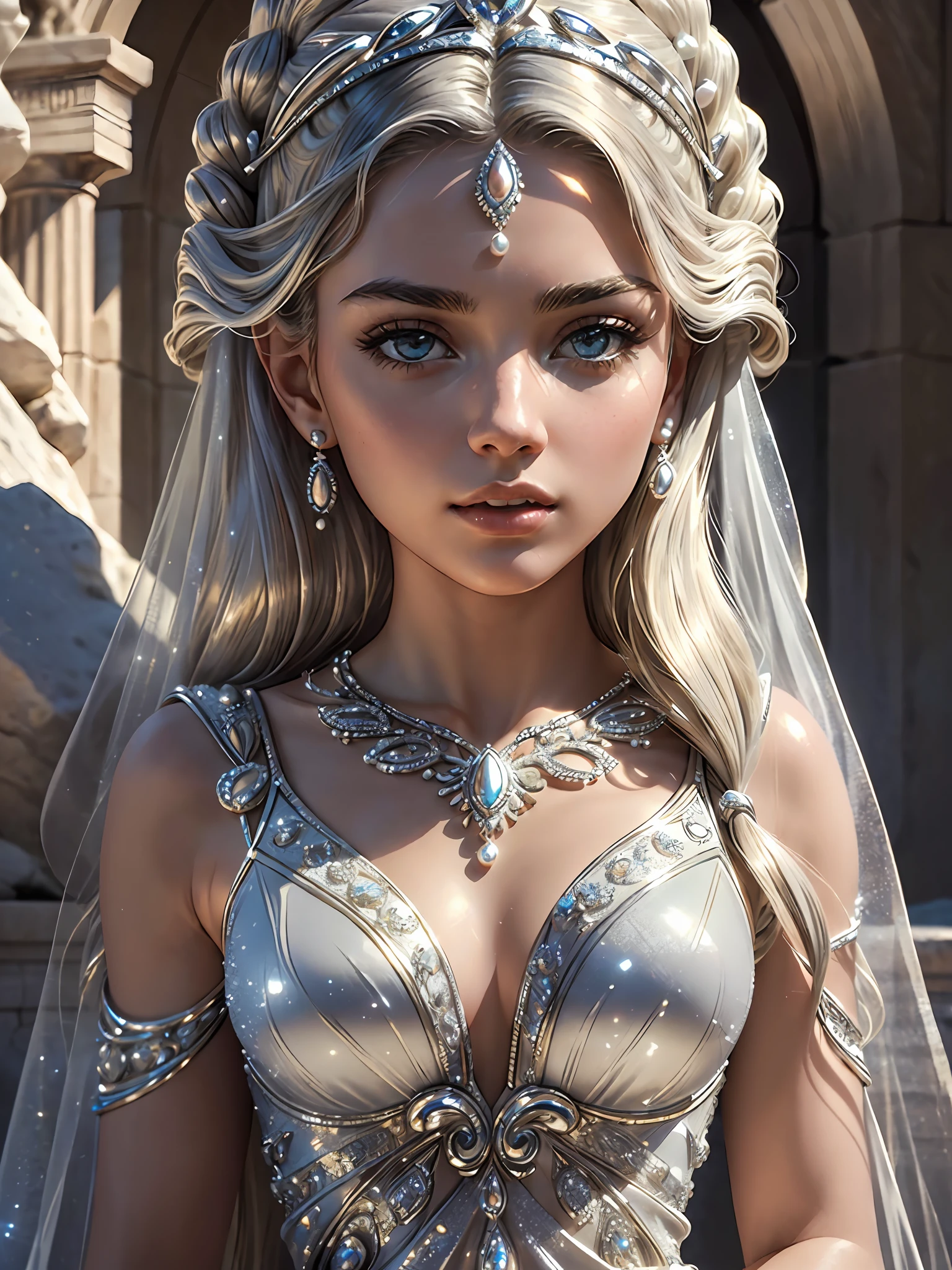 (masterpiece), (best quality), ((ultra-detailed)), (highly detailed analog style photo), natural lighting, photorealistic, extremely beautiful young lady in the marble rocks, dramatic pose, intricate detailed silver glittering ancient greek style pearl dress, shining, gloss, crisp, flirty, epic, focus, artistic, very bright, intricate hairstyle, pattern, bas-relief, cinematic shot