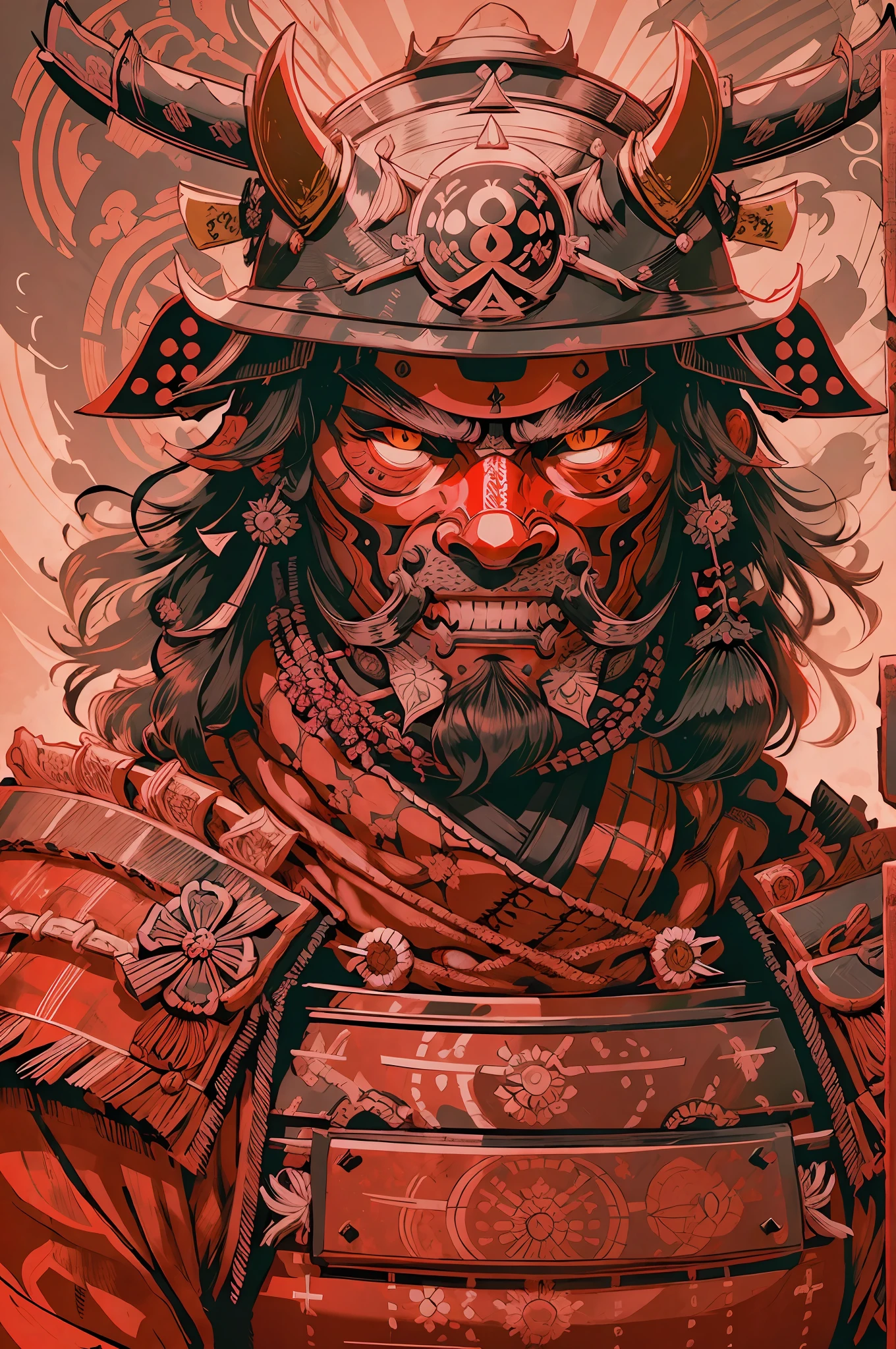 Samurai, capacete preto, mask in the mouth, olhos brancos, rosto e capacete detalhados, close no rosto, illustration, DE FRENTE ao espectador, obra prima,altamente detalhado.