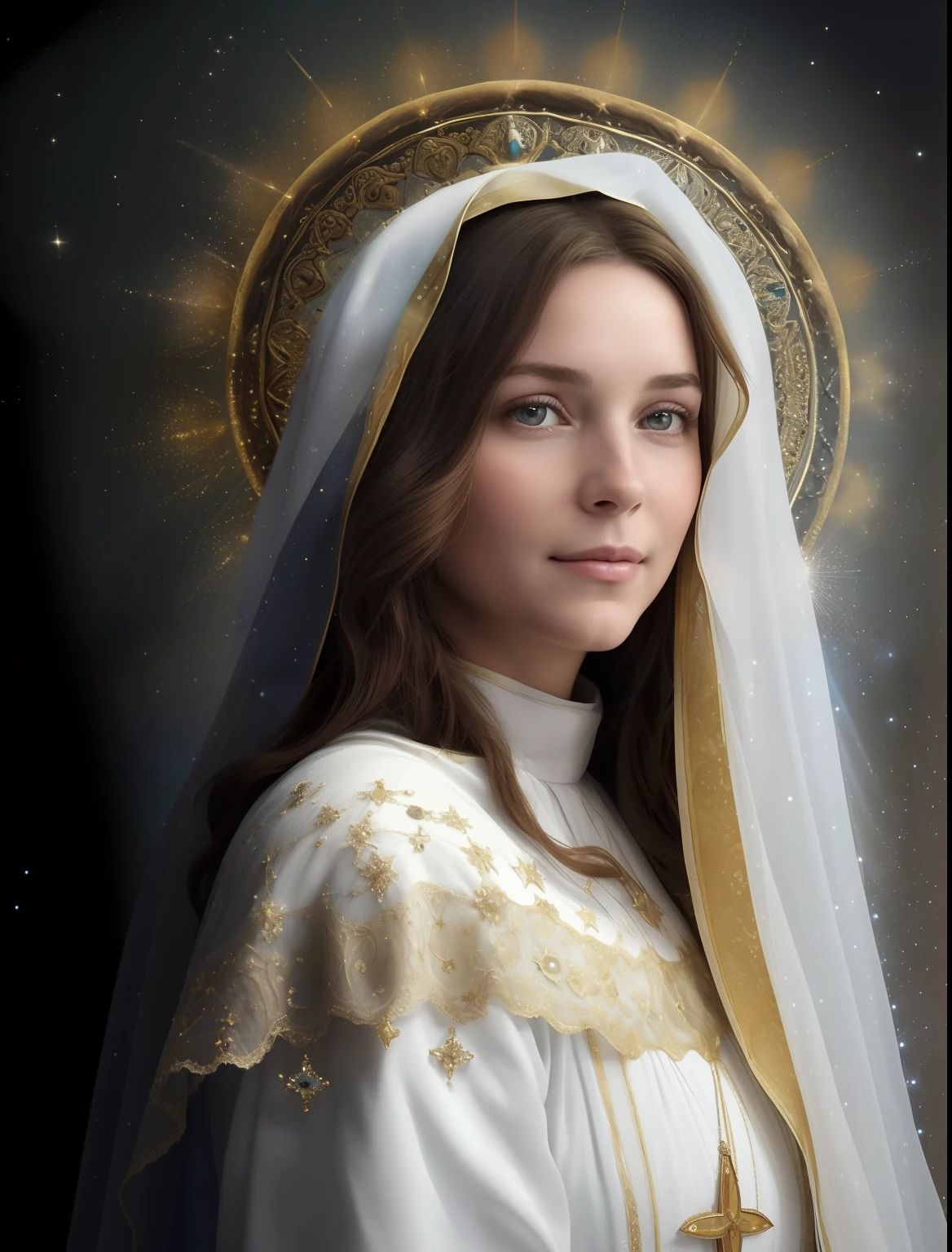 (((Blessed Virgin Mary))) (((20 years old))) (((very serious and pious aspect. tender and sweet look ))) . obra maestra, (La mejor calidad: 1.2), (super fine: 1.2), illustration, (extremadamente delicado y hermoso: 1.2), movie angle, flotante, (Hermoso ojo de detalle: 1.1), (detalle luz: 1.1), Movie Lights, Cielo delicado, ojos azules, (Cola de caballo alta: 1.1), capa, ojuelos, (luna: 1. 2), (Luz de la luna: 1.1), cielo estrellado, (light particles: 1.1) dibujo, flor. (obra maestra), (La mejor calidad), (fotorrealista:1.3), 8k, Textura detallada de la piel, Textura detallada de la tela, hermosa cara detallada, Detalles intrincados, ultra detallado (cuerpo de cuerpo entero:1.2)