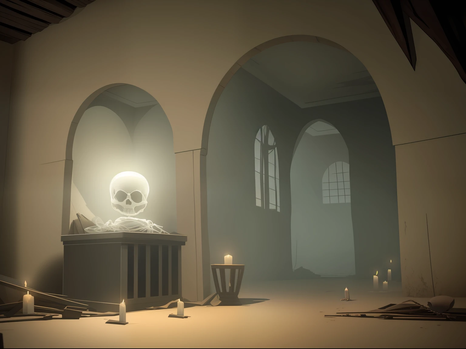 Generate an eerie scene of a skeletal baby ghost materializing in a forgotten chamber --auto