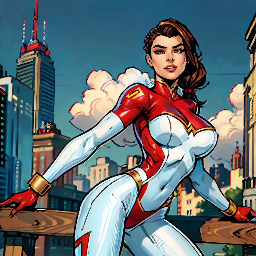 1girl, Stretcher the busty brunette comic book woman, masterpiece, beautiful, high quality, high definition, superb quality, highly detailed, super detailed, depth, happy, smiling, long hair, huge ponytail, slim, thin, athletic, womanly, rubbery, elastic woman, (white and red spandex, white and red legs, tight top), rubber body, brunette, ((huge breasts, slim waist)), city, heroic, cheerful, (bold nose, hawkish facial features),
