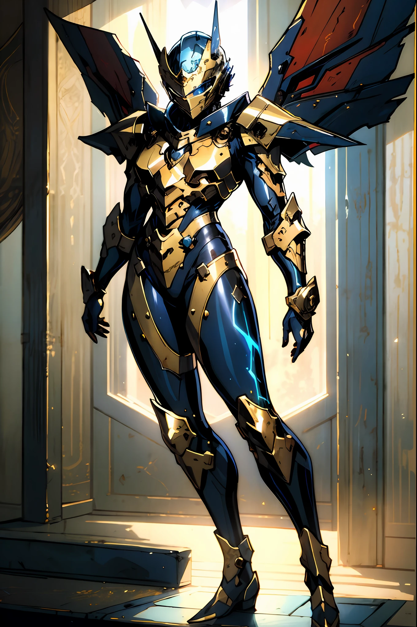 A female character dressed in a full-body suit of fantasy-style armor, with a helmet that exposes her eyes, the armor shines in a vibrant golden color, complemented by accents of red and blue, she exudes an aura of nobility, she embodies a fantasy-style armored hero with a Japanese anime-inspired design, with intricate character design and a mature artistic style, ((character concept art)), full body character drawing, metallic, high definition, best quality, ultra-detailed, extremely delicate, anatomically correct, symmetrical face, extremely detailed eyes and face, high quality eyes, creativity, RAW photo, UHD, 8k, (Natural light, professional lighting:1.2, cinematic lighting:1.5), (masterpiece:1.5)
