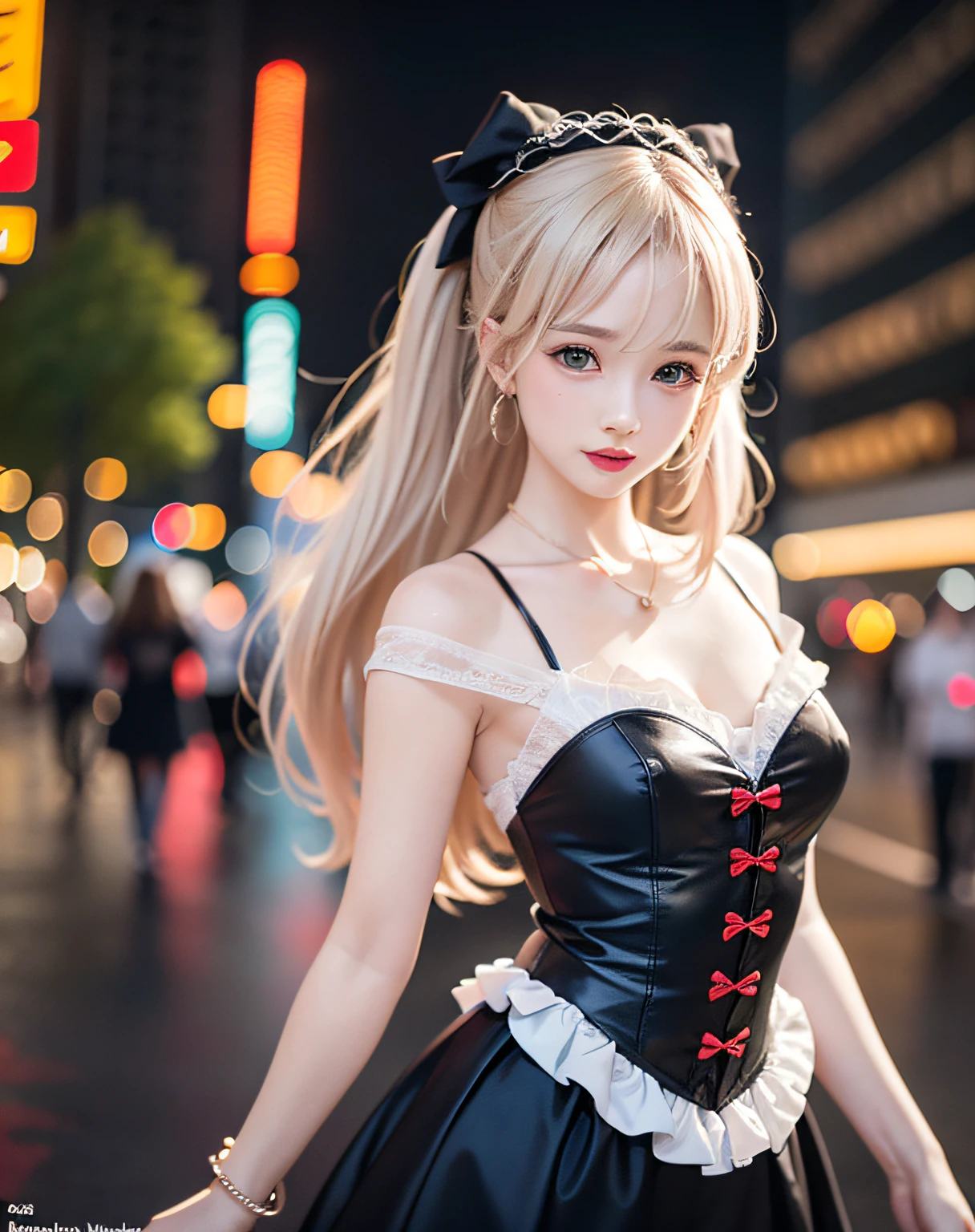 (standing on a dark street), (highway lights), (calm lighting), (night), sexy pose, (very delicate and beautiful work), (masterpiece), one girl, one girl in a gothic Lolita dress:1.37, gothic Lolita Fashion:1.3, very detailed and leaky waist, attractive look, beautifully clear eyes, delicate necklace, delicate earrings, simple blurred background, extreme detailed description, beautiful, attractive, Super fine painting, pretty face, big, big, big, big, fine body, fine collarbone, beautiful lips, smooth ass, mix4, (8k, RAW photo, top quality, masterpiece: 1.37), (realistic, realistic: 1.37), one girl, cute, cityscape, night, rain, humidity, professional lighting, photon mapping, radiation, physics cs-based rendering