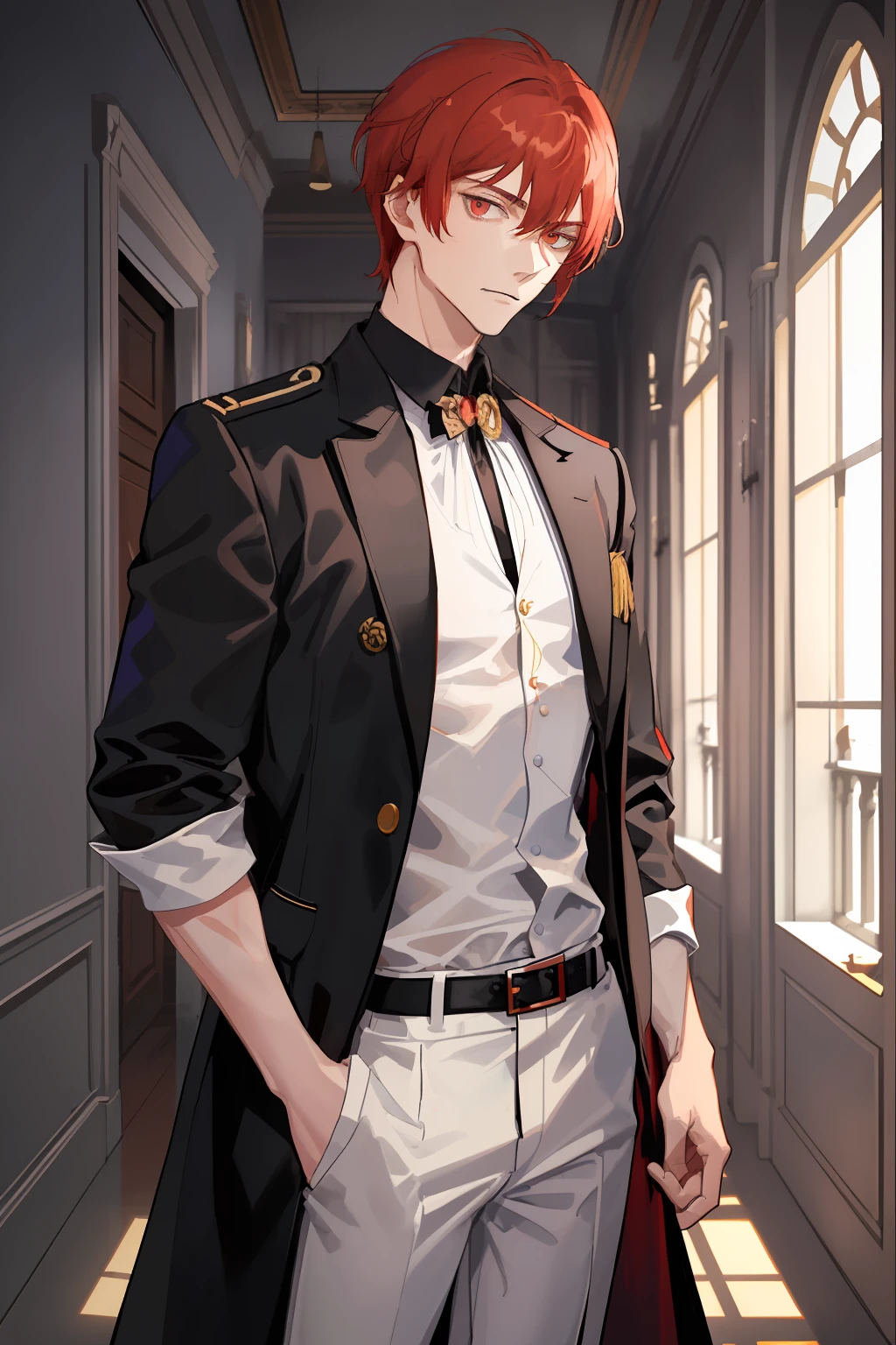 A tall guy with a slim physique. Light red hair of medium length (Not red), brown eye. beatiful face, pretty eyes. A guy in a school uniform, white shirt, black pant, Dressed in a black robe. A guy stands in a dark corridor of a stone castle. dim lighting. dynamicpose. Detailed background, A detailed eye.