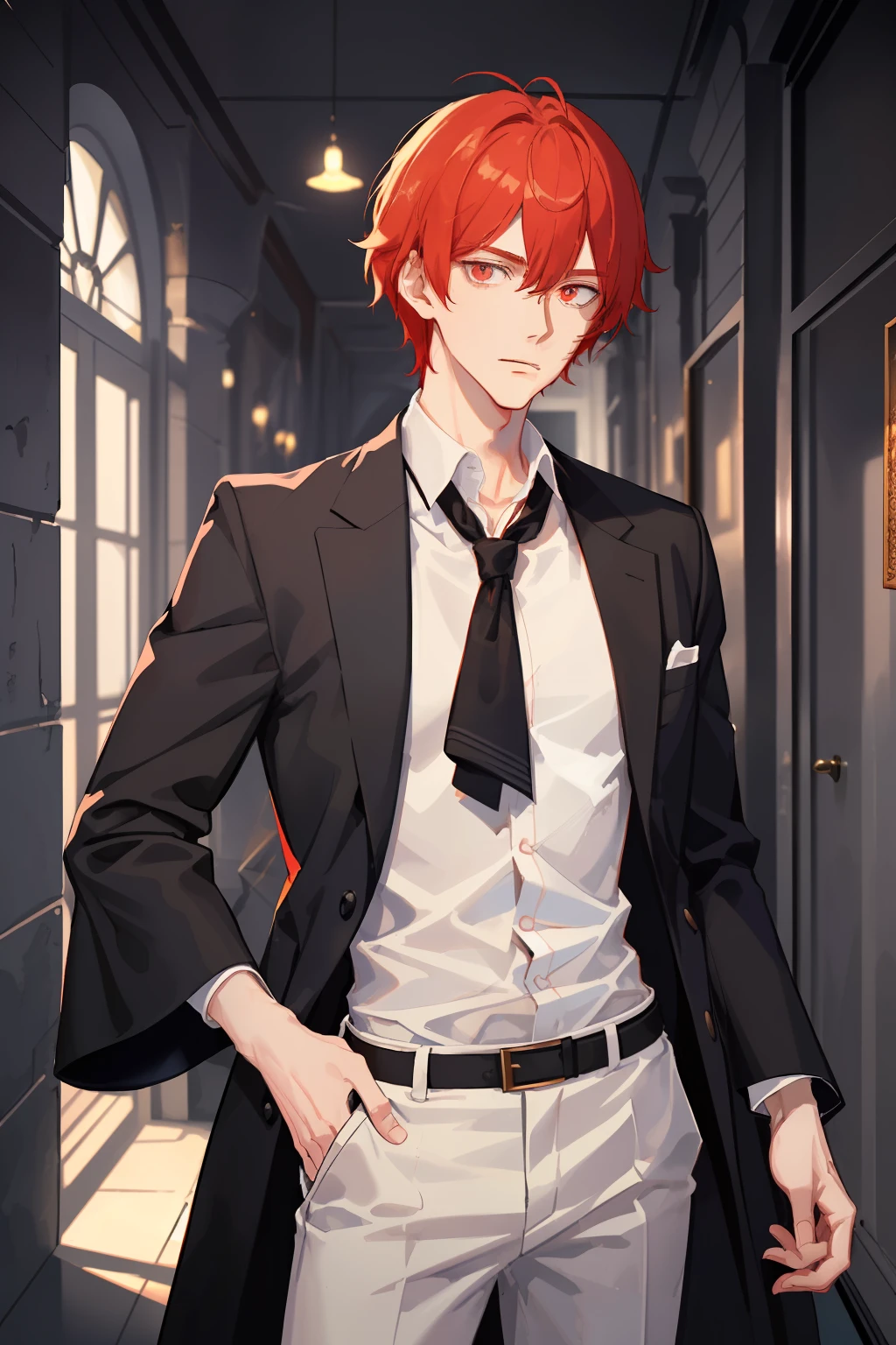 A tall guy with a slim physique. Light red hair of medium length (Not red), brown eye. beatiful face, pretty eyes. A guy in a school uniform, white  shirt, black pant, Dressed in a black robe. A guy stands in a dark corridor of a stone castle. dim lighting. dynamicpose. Detailed background, A detailed eye.