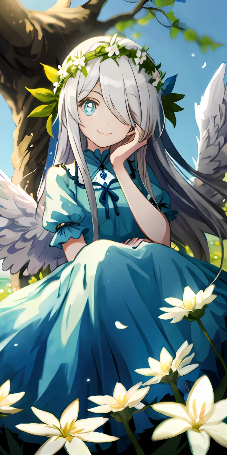 （tmasterpiece，best qualtiy），A long-haired loli with white hair sits in a tree-lined flower field，She has blue pupils，Her left hand rests under her chin，She wears a garland，Hair covers the right eye，and she smiling，warmly lit，She wore a sky blue dress，She has white wings，Blurred foreground，Eyes look into the distance，Ambiguous