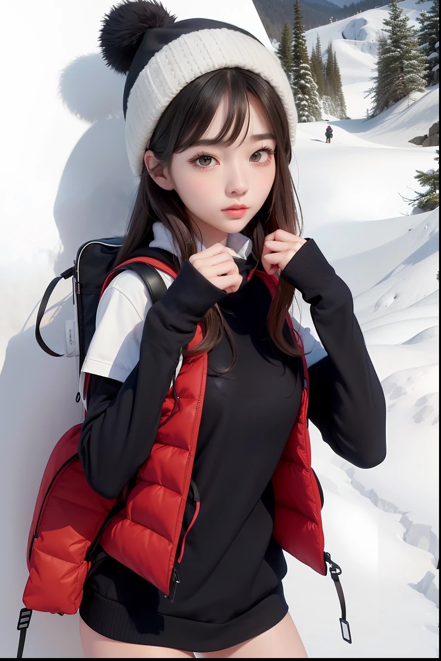 masterpiece, best quality, ultra high res, beautiful detailed hair detailed face, full-body potrait, 1girl, solo, perfect feminine face, beautiful and gergous korean idol female going hiking, (winter jacket), beanie hat, long jenas, danner boots, backpack, large backpack, hiking backpack, mountain background, forest