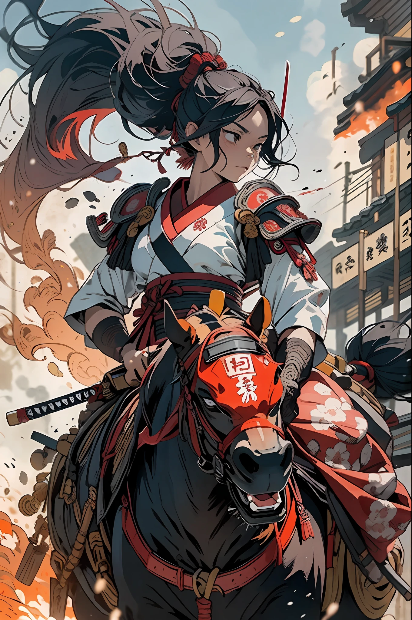 A female Samurai riding a horse holding her Katana dripping blood during a battle, fire in the background , ancient Japan