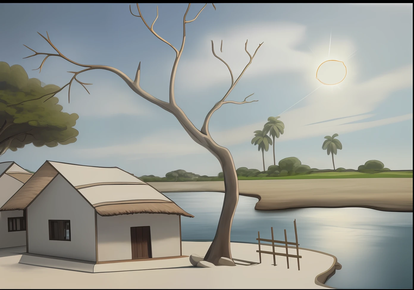 Real fotoshot, realistic, masterpiece, fhotorealistic, detailed picture, simple house, dry trees, behind the house you can see a river flowing, and across the river you can see coconut trees and a sky with the sun, 8k hd