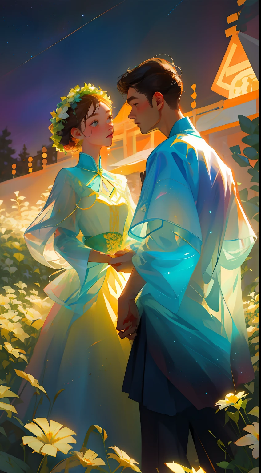 tmasterpiece, hiquality, Guy and girl holding hands, Ukrainian symbols, Ukrainian national costumes, Boho style,In transparent, neon garland, night time, neon lights, romance, happiness, Love,Lovers, holiday, Plants, a starry sky, galaxy, Magic reigns around them, Magic, Flowers, fern, Beautiful sunset, merriment, Floral arrangements, wreaths of flowers on the head, woods, Flower glade, willow, willow, willow, 8K, Colorful, full color drawing,