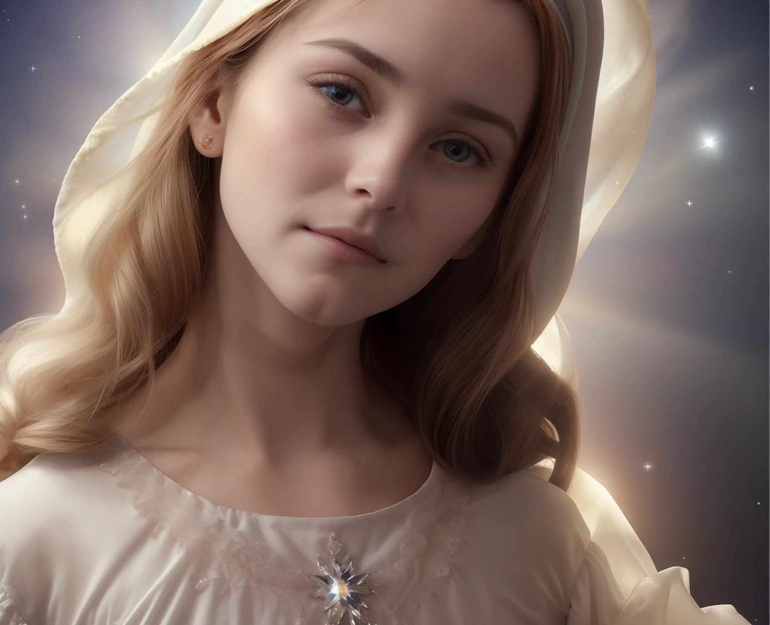 (((Blessed Virgin Mary))) (((20 years old))) (((aspecto muy serio y piadoso. mirada tierna y dulce ))) . obra maestra, (La mejor calidad: 1.2), (super fine: 1.2), illustration, (extremadamente delicado y hermoso: 1.2), movie angle, flotante, (Hermoso ojo de detalle: 1.1), (detalle luz: 1.1), Movie Lights, Cielo delicado, ojos azules, (Cola de caballo alta: 1.1), capa, ojuelos, (luna: 1. 2), (Luz de la luna: 1.1), cielo estrellado, (light particles: 1.1) dibujo, flor. (obra maestra), (La mejor calidad), (fotorrealista:1.3), 8k, Textura detallada de la piel, Textura detallada de la tela, hermosa cara detallada, Detalles intrincados, ultra detallado (cuerpo de cuerpo entero:1.2)
