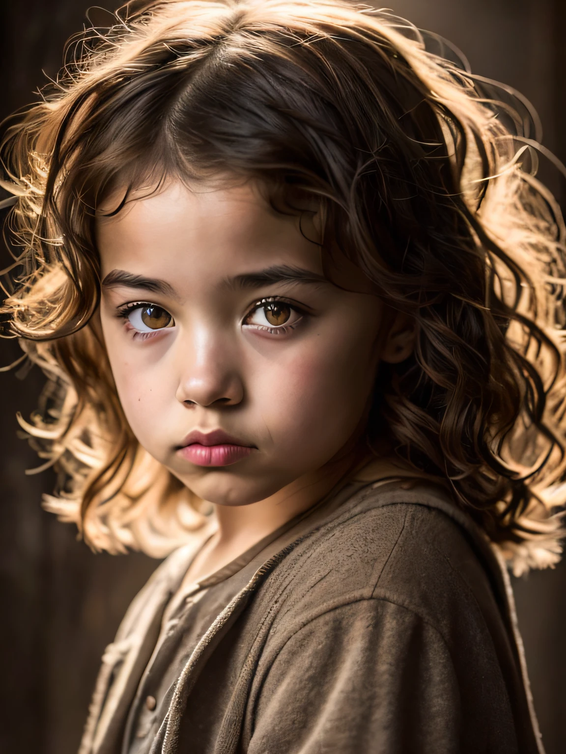 close up war photo of a little and homeless girl ((dressing an old torn clothes)), (shy), 1girl, solo, brown and curly and messy hair, very detailed face, beautiful eyes, [chubby], adorable, with rosy cheeks and bright, sad eyes, stunningly beautiful, (Rembrandt Lighting), zeiss lens, ultra realistic, (high detailed skin:1.2), 8k uhd, dslr, Dramatic Rim light, high quality, Fujifilm XT3,