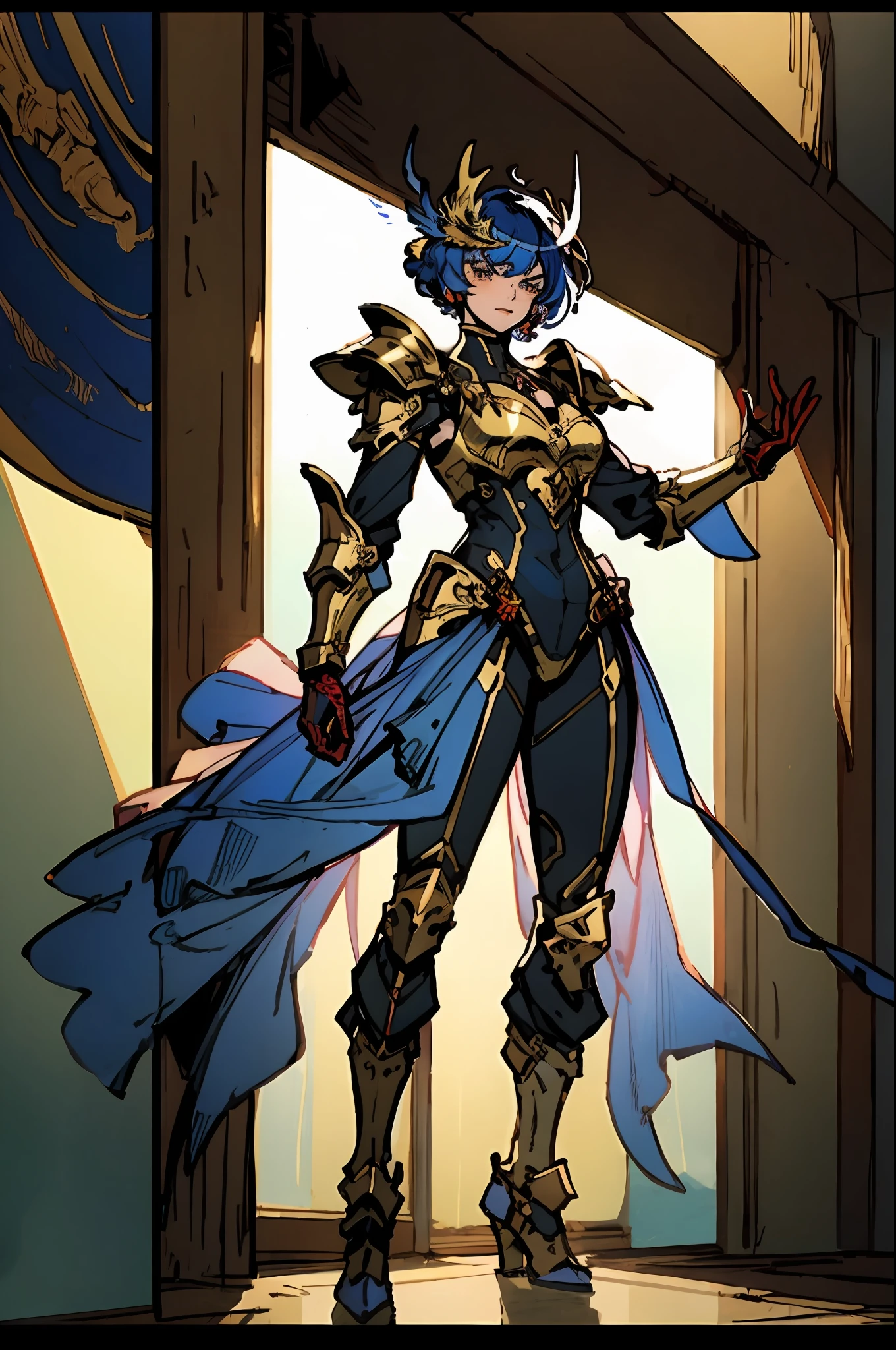 A female character dressed in a full-body suit of fantasy-style armor, with a helmet that exposes her eyes, the armor shines in a vibrant golden color, complemented by accents of red and blue, she exudes an aura of nobility, she embodies a fantasy-style armored hero with a Japanese anime-inspired design, with intricate character design and a mature artistic style, ((character concept art)), full body character drawing, metallic, high definition, best quality, ultra-detailed, extremely delicate, anatomically correct, symmetrical face, extremely detailed eyes and face, high quality eyes, creativity, RAW photo, UHD, 8k, (Natural light, professional lighting:1.2, cinematic lighting:1.5), (masterpiece:1.5)