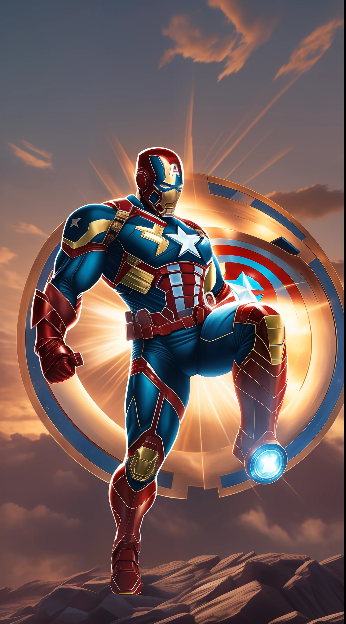 Captain America and Iron Man Fusion, Full Body, Muscular Body, Iron Armor with Star in the Middle Blue and Gold, Flying, Shield Behind, Sky Background, Realistic, Hyperdetailed, Ultra HD, 8K