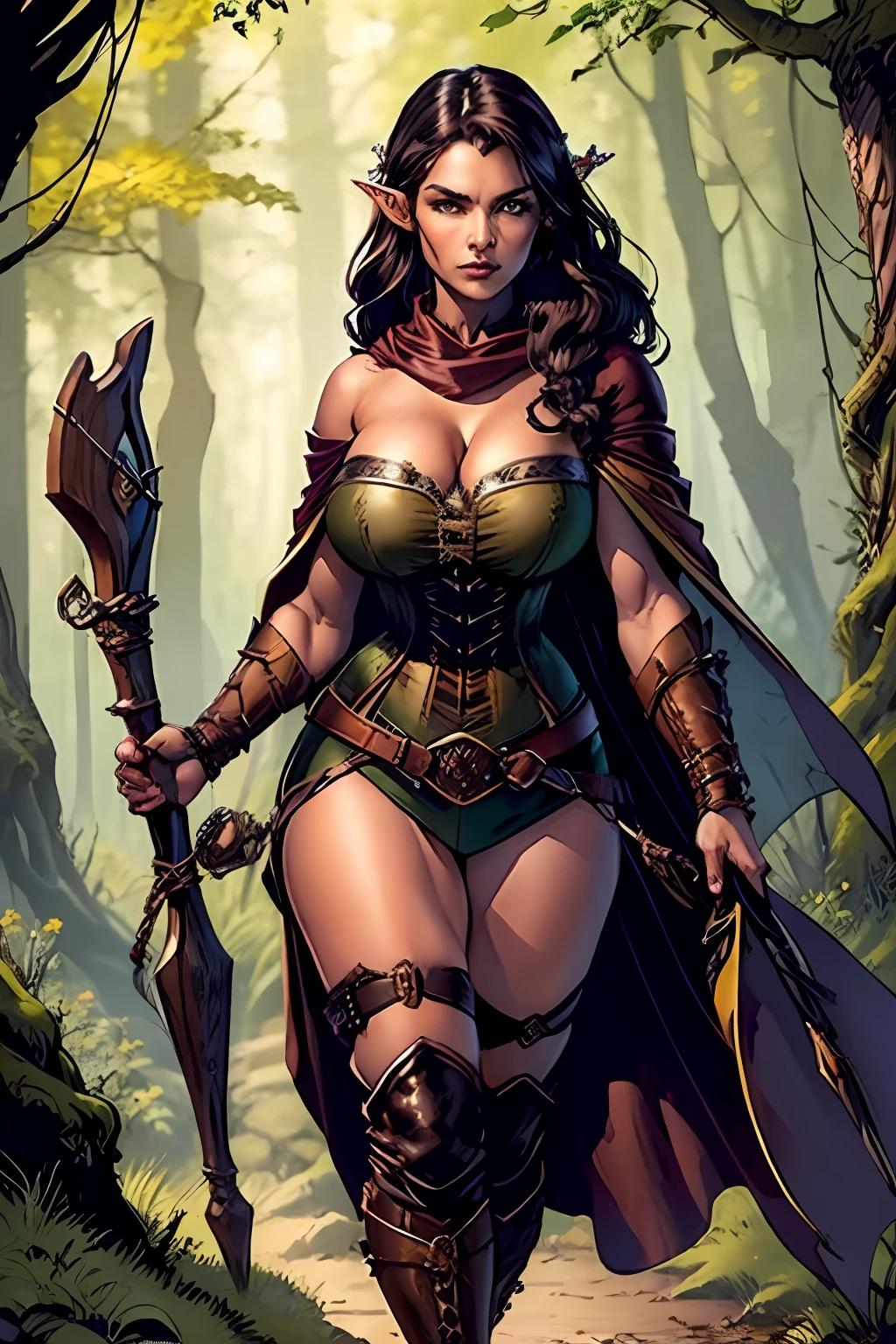 (masterpiece, top quality, best quality, official art, beautiful and aesthetic:1.2), (1girl:1.3), dark brown hair in a single braid, extremely detailed, portrait, looking at viewer, solo, (full body:0.6), detailed background, close up, cat eyes, (warm summer forest theme:1.1), ((elf)) ranger, charlatan, smirk, mysterious, walking in forest, revealing ranger attire, brown leather, cowl, cloak, corset, long boots, buckles, straps, pouches, bow and arrow, green fabric, brown leather, ((((gigantic breasts)), cleavage, skindentation)), slim waist, slim hips, long legs, medieval (forest exterior:1.1) background, dark mysterious lighting, shadows, magical atmosphere, dutch angle