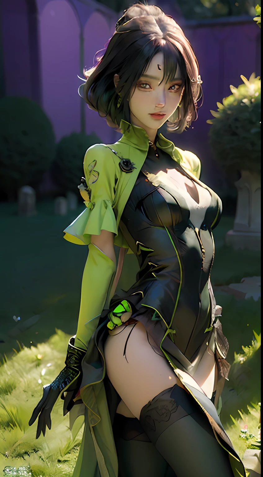 (Best quality)), ((masterpiece)), (detailed:1.4), 3D, Beetlejuice woman cosplay wiltshire hill cemetery, in the style of striped compositions, nightcore, green and black stockings, meticulous, malicious gal , mars ravelo, eccentric props ,HDR (High Dynamic Range),Ray Tracing,NVIDIA RTX,Super-Resolution,Unreal 5,Subsurface scattering,PBR Texturing,Post-processing,Anisotropic Filtering,Depth-of-field,Maximum clarity and sharpness,Multi-layered textures,Albedo and Specular maps,Surface shading,Accurate simulation of light-material interaction,Perfect proportions,Octane Render,Two-tone lighting,Wide aperture,Low ISO,White balance,Rule of thirds,8K RAW,