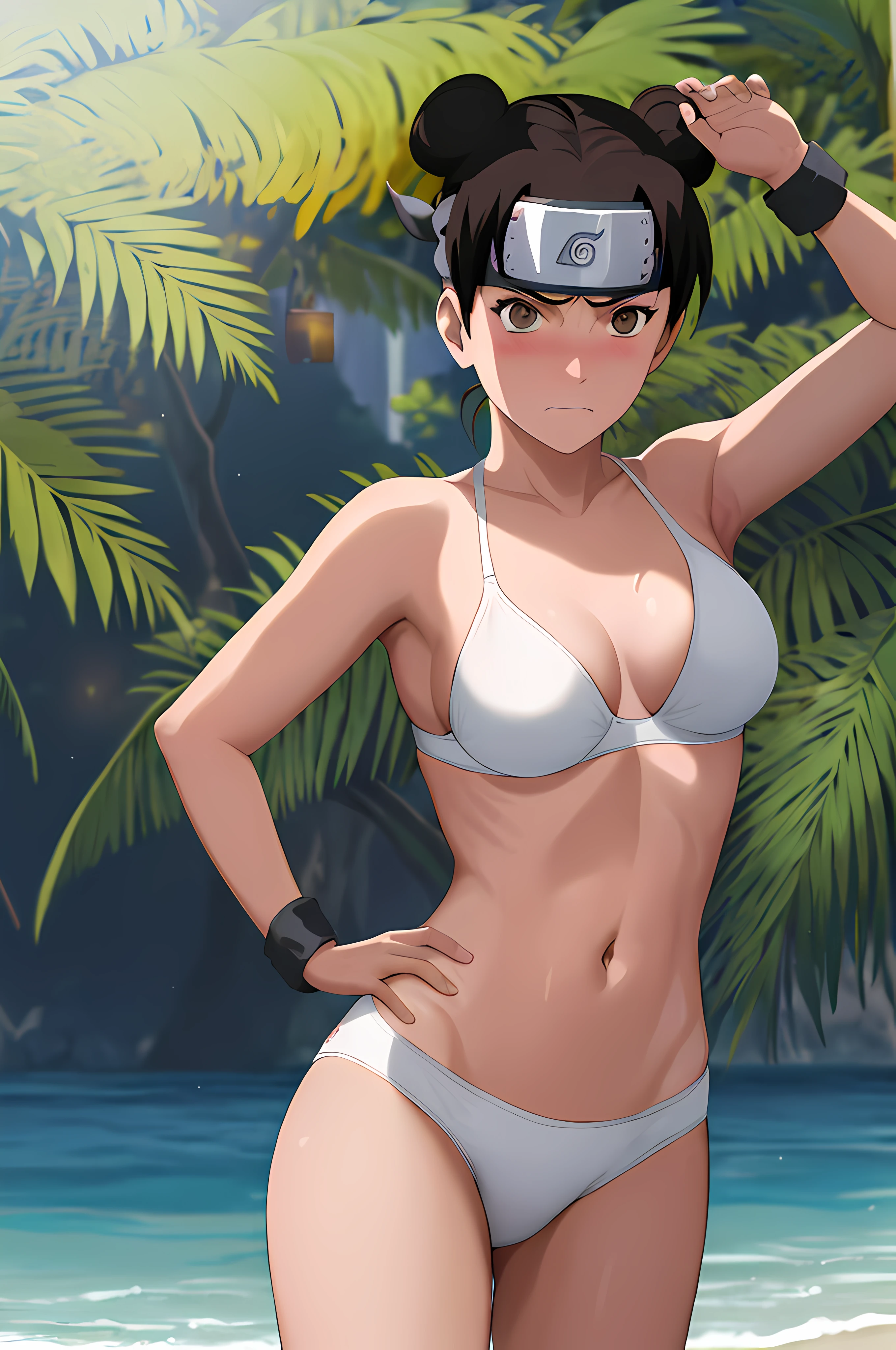 masterpiece, absurdres , (intricate details), (colorful),cinematic lighting,bust shot,extremely detailed CG unity 8k wallpaper,tenten\(shippuden\), 1girl, solo, ((white bikini)), medium breasts, hand on hip,forehead protector, konohagakure symbol, headband, looking at viewer, outdoors, beach, frown, (blushing),