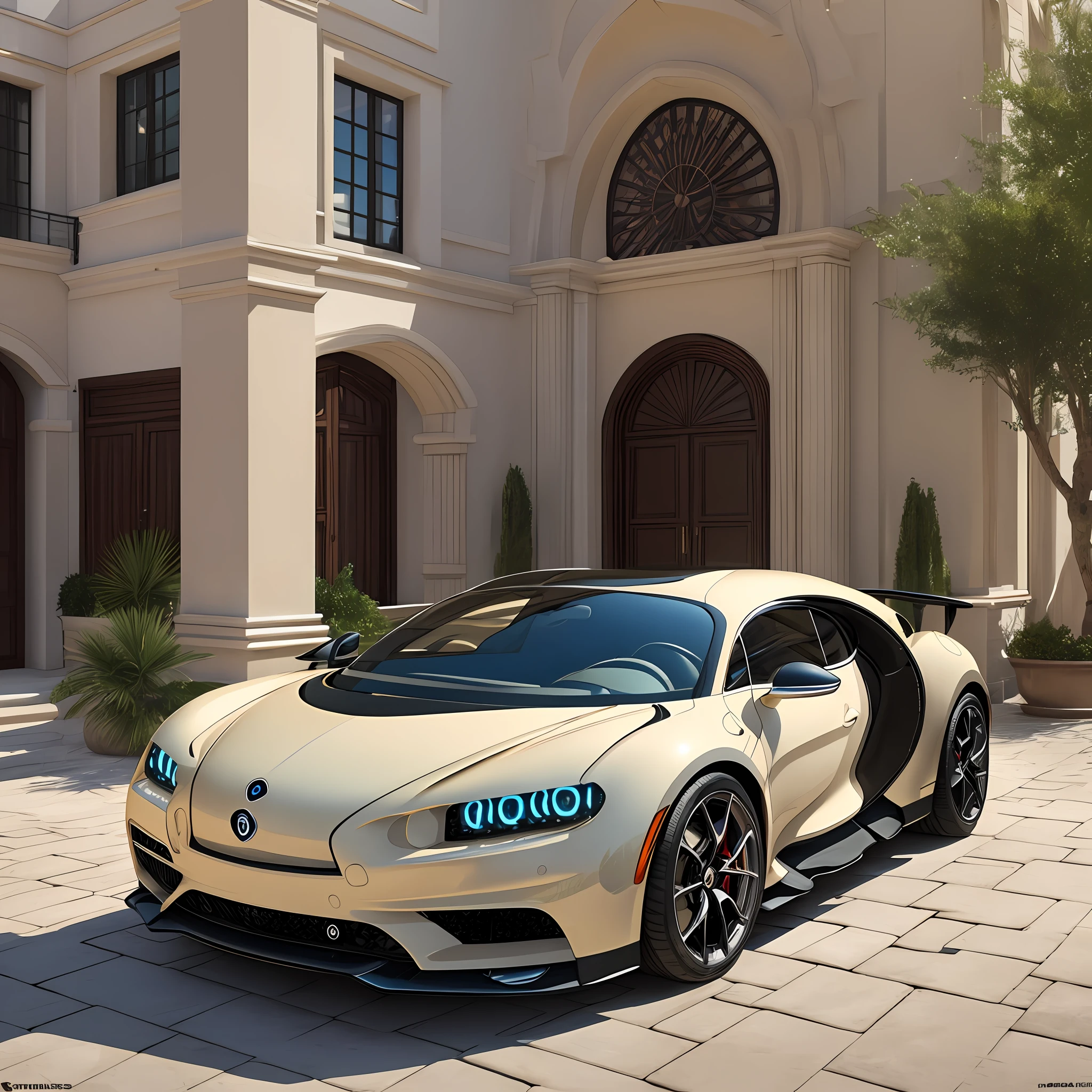 man in buggati chiron in dubai, front of his big rich luxury house, photo for instagram, ultra realistic, 4k --auto --s2